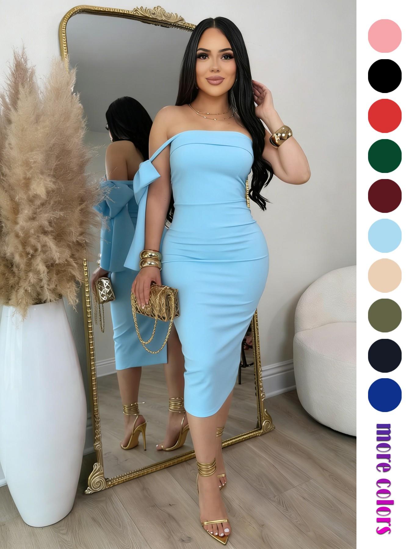 Women's Fashion One-Shoulder Bow Backless Dress, Summer Slim Fit Party Dress, Elegant Sexy Stretchy Dress for Dance Parties, Home Wear - TikTok Shop Women's Fashion One-Shoulder Bow Backless Dress, Summer Slim Fit Party Dress, Elegant Sexy Stretchy Dress for Dance Parties, Home Wear - TikTok Shop