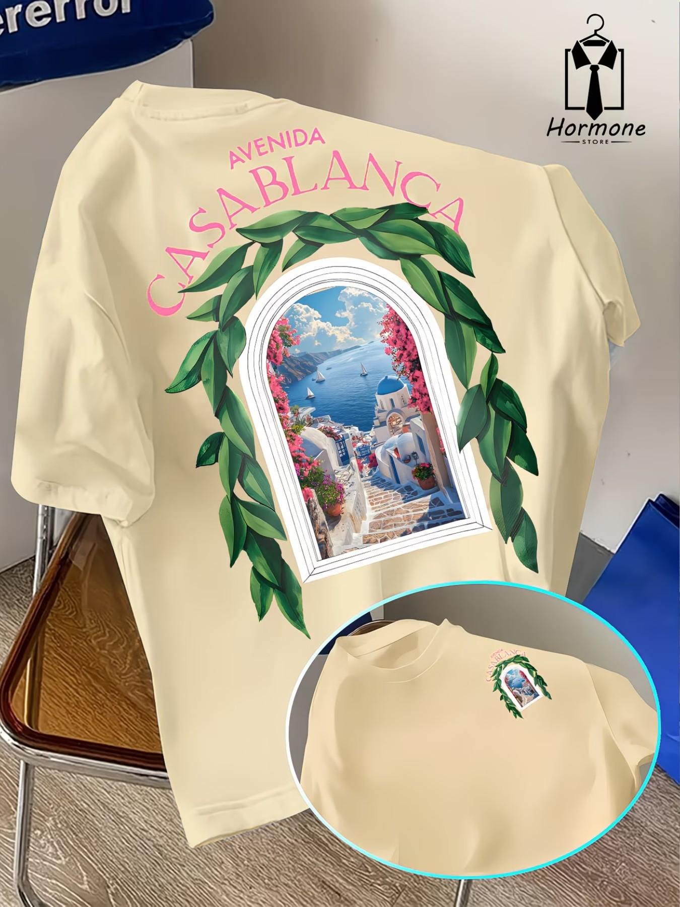 Men's Short Sleeve T-Shirt, Loose Fit Casual Round Neck Summer Top, Avenida Casablanca Pattern, Breathable Polyester