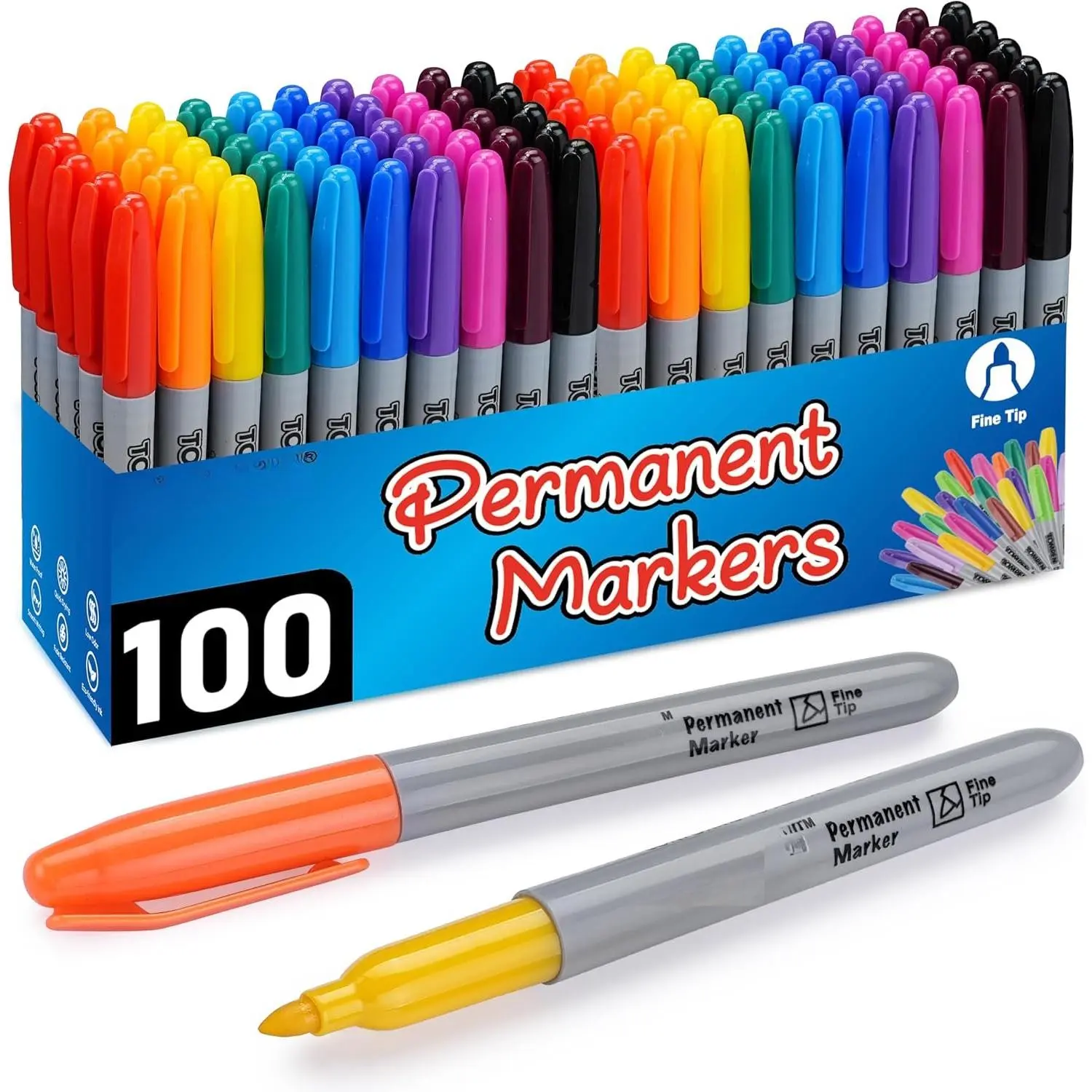Permanent Markers Fine Tip 100 Pack Bulk,10  Colors, Permanent Marker with Quick Drying  ,Plastic,Paper,Metal,Mirror for Gifts Office School Classroom