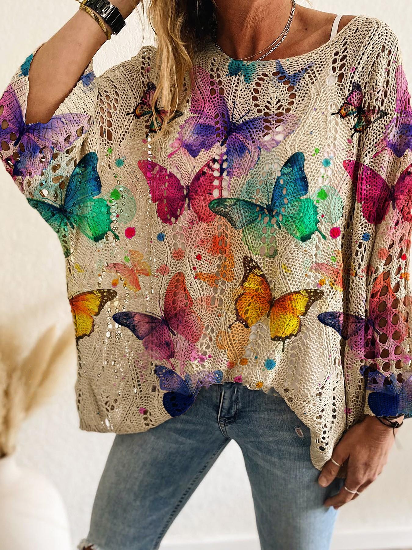 Elegant Women's Floral Print Knit Top, One-Shoulder Batwing Sleeve, Loose Fit, Spring Summer Fall Fashion, Ladies Casual Wear