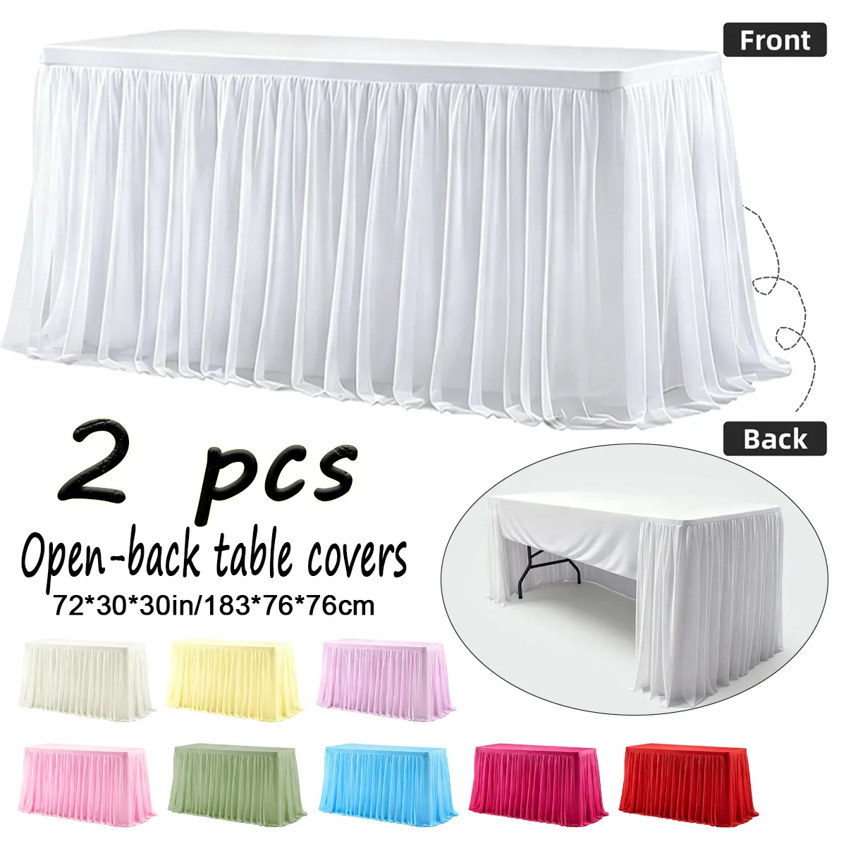 2 pcs double-layer chiffon fitted table covers for a 6 ft folding table, back cutout with stretchy lining and pleated chiffon outer layer, elastic edge, suitable for trade shows, craft fairs, graduation parties, wedding receptions, sign-in tables, multipl