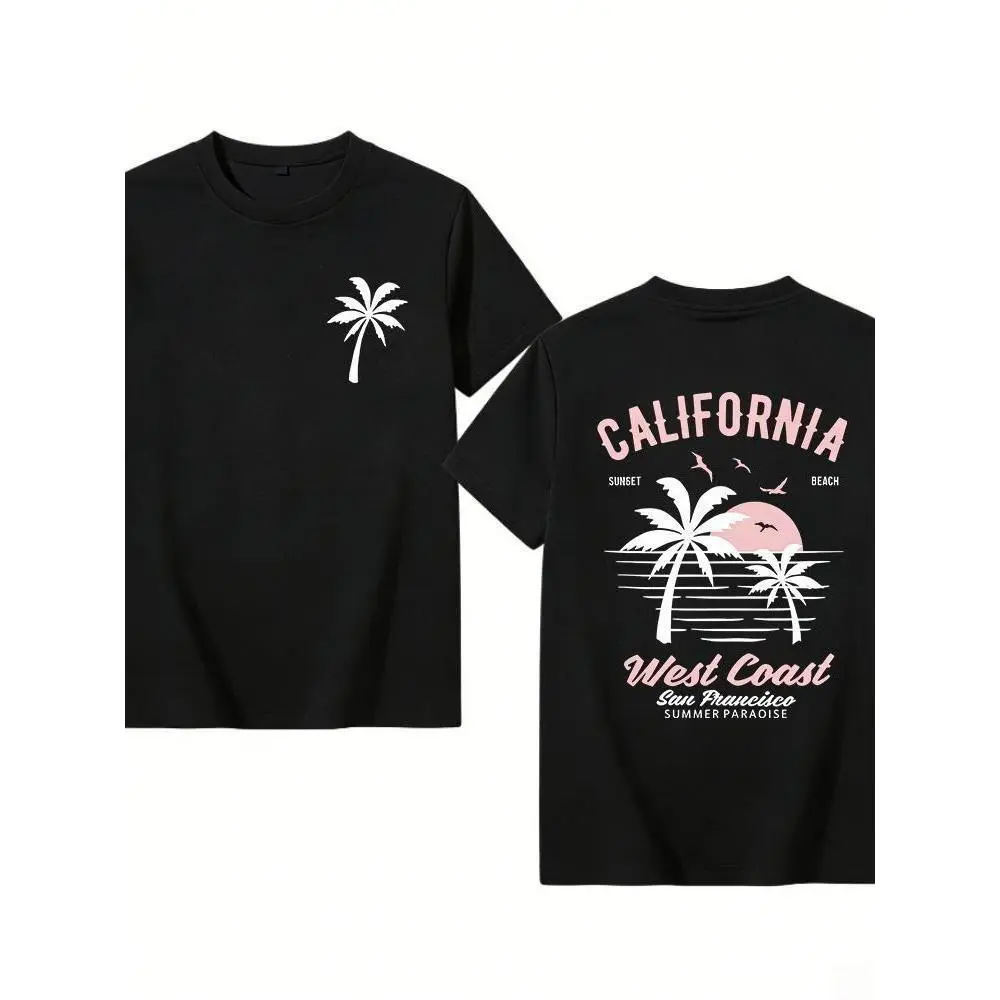 Men's 250g Washed Cotton Round Neck Shortsleeve Seamless Vintage Graphic T-Shirt - Loose-Fit Foldable Surf Beach Shirt with Palm Trees, Funny Print, Machine Washable for Summer Casual Wear