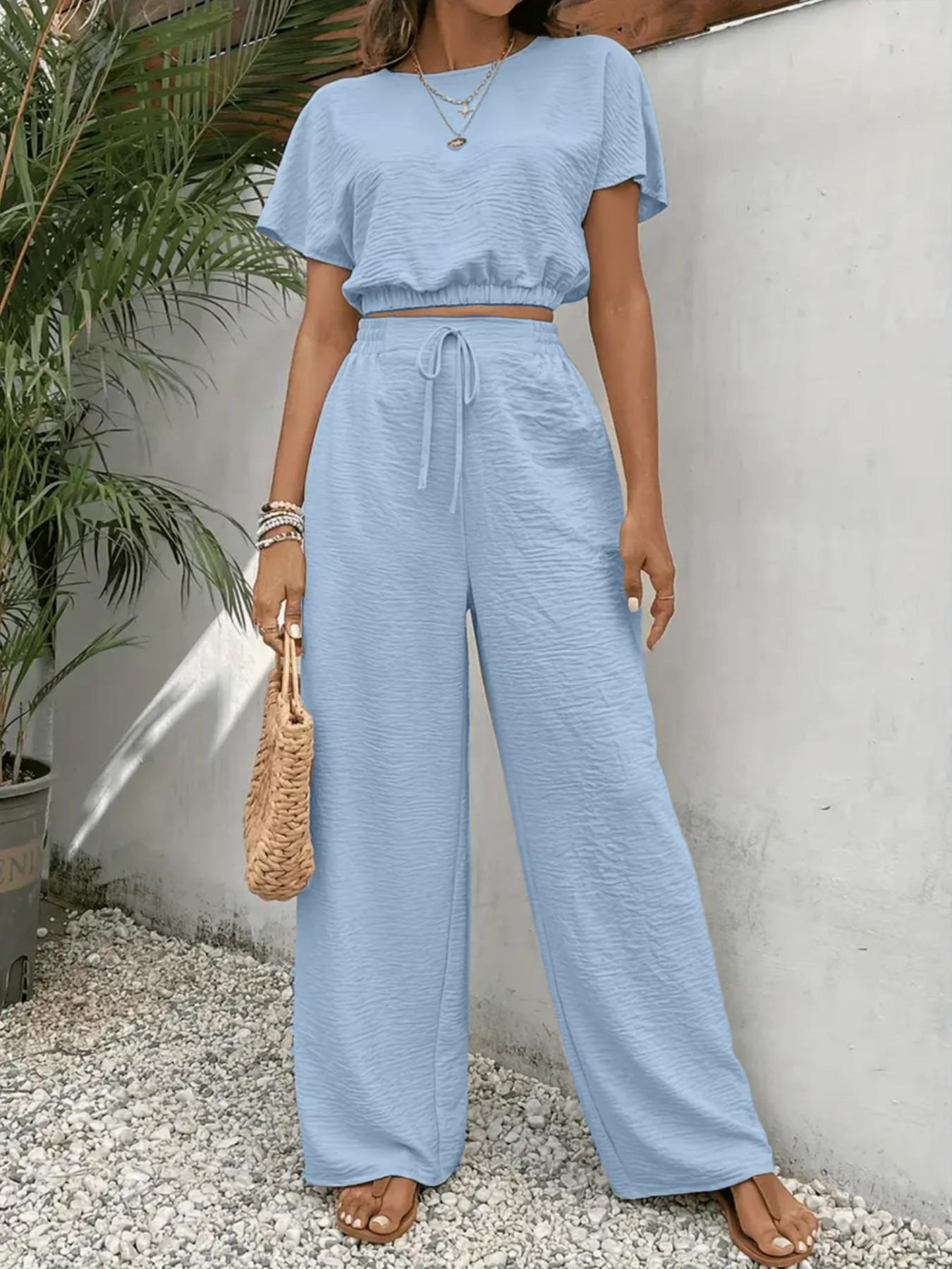 Women's Solid Color Fitted Top & Wide Leg Pants Two-piece Set, Casual Round Neck Top & Drawstring Waist Trousers for Summer, Ladies Clothes for Daily Wear, Womenswear Women's Solid Color Fitted Top & Wide Leg Pants Two-piece Set, Casual Round Neck Top & Drawstring Waist Trousers for Summer, Ladies Clothes for Daily Wear, Womenswear