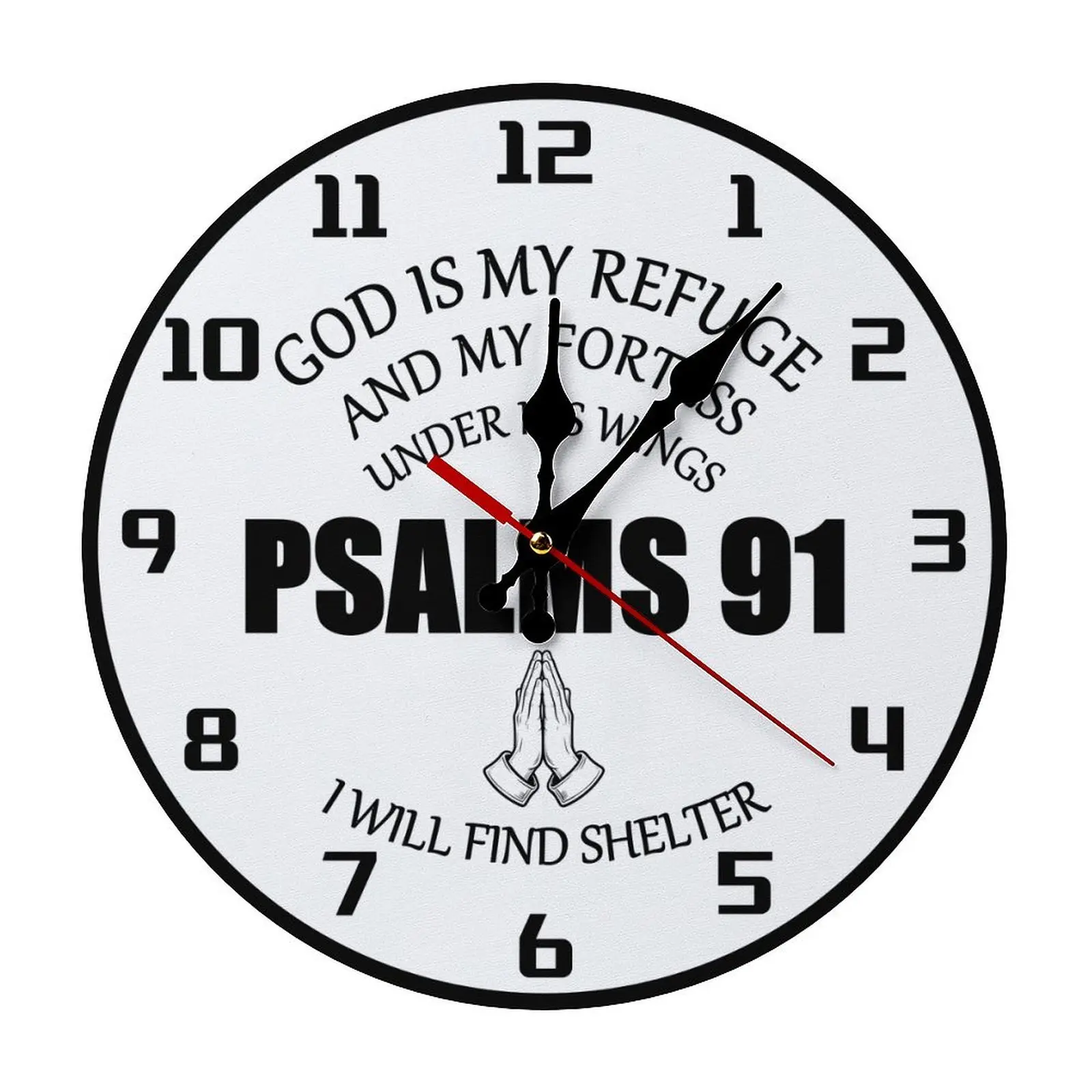 10/12 in Round Silent Non-Ticking Solid Wood Wall Clock, Psalms 91 Bible Verses Praying Hands Decor, Classic Inspirational Christian Gifts for Home Bedroom Church, Wall Decor