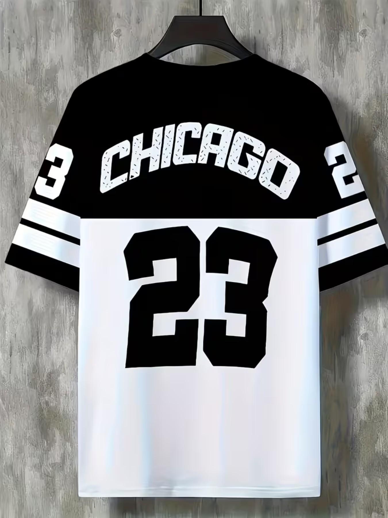 Chicago 23 Print Men's Casual Round Neck T-Shirt, Polyester Knit Fabric, Slight Stretch, Regular Fit, Summer Short Sleeve, Daily and Weekend Wear