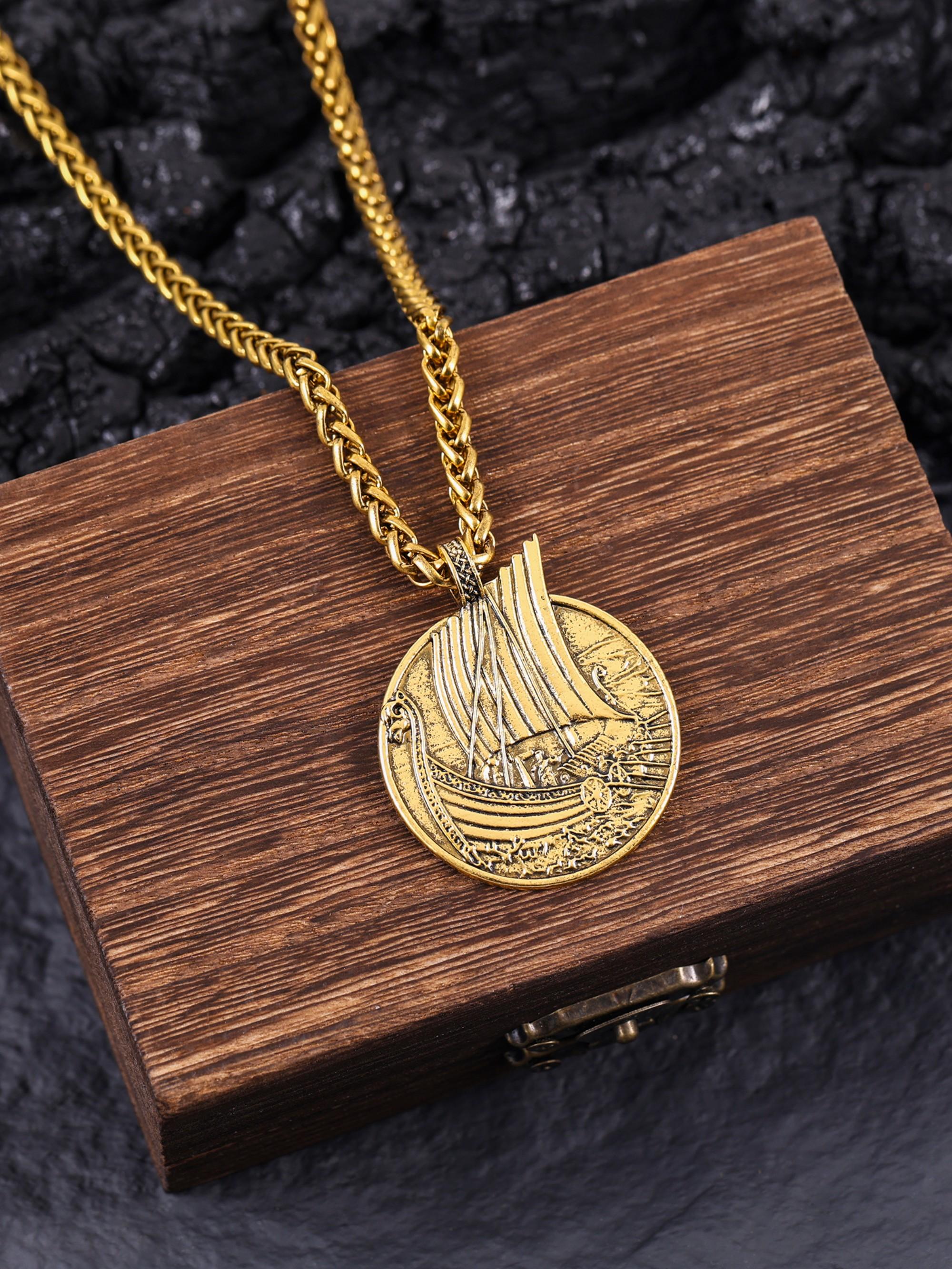 Nordic Viking Pirate Ship Necklace for Men, Retro Hip Hop Pendant Sailor Chain, Round Coin Shape + Pirate Ship Relief Texture, Versatile Fashion Accessory