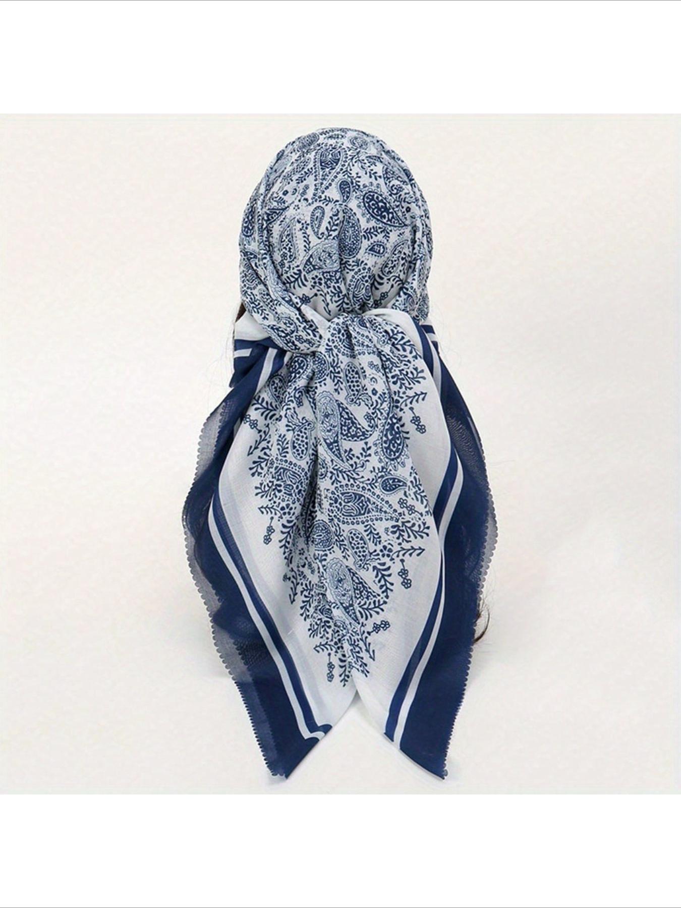 1pc 110*110cm Laser Cut Edging White Dainty Floral Print Large Square Bandana, New Bohemian Style Linen Soft Light Breathable Wavy Hem Head Wrap Hijab Shawl Floral Combination Print Balinese Chiffon Square Bandana Shawl