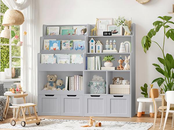 FOTOSOK Kids Bookshelf, Toy Storage Organizer, Large Toy Organizer with 4 Movable Drawers and 3 Storage Cubbies, Book Shelf for Kids Room