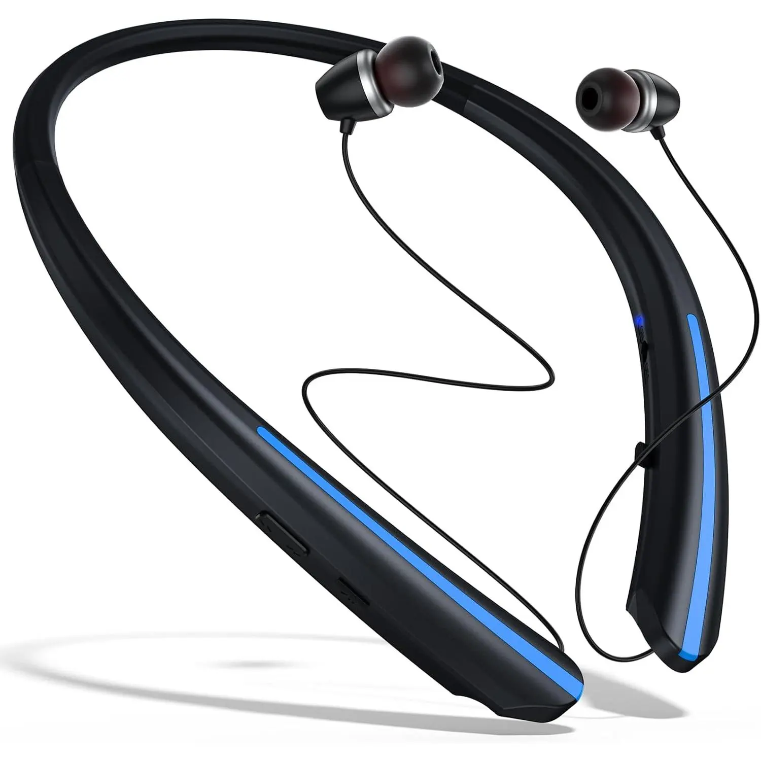 Bluetooth Headphones Retractable Neckband IPX5 Sweatproof for Sports Running Workout, Wireless Earbuds with Vibration Call Alert, Universal for Smartphones Tablets PC (Black Blue) Audio Headset
