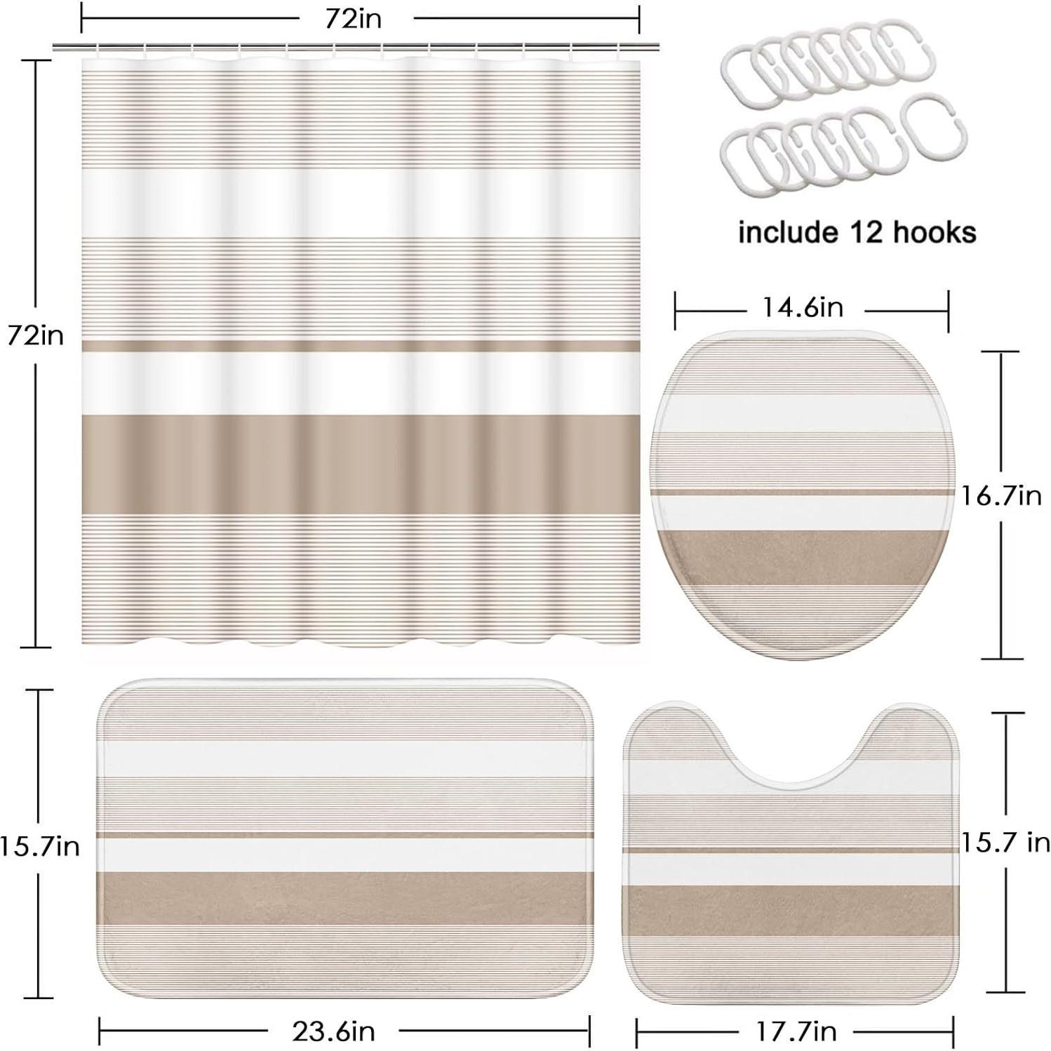 Bathroom Sets with Shower Curtain and Rugs, 4 Pcs, Abstract Striped | Modern Beige Simple Bathroom Decor Set with Toilet Lid Cover, Non-Slip Bath Mats and Accessories 12 Hooks