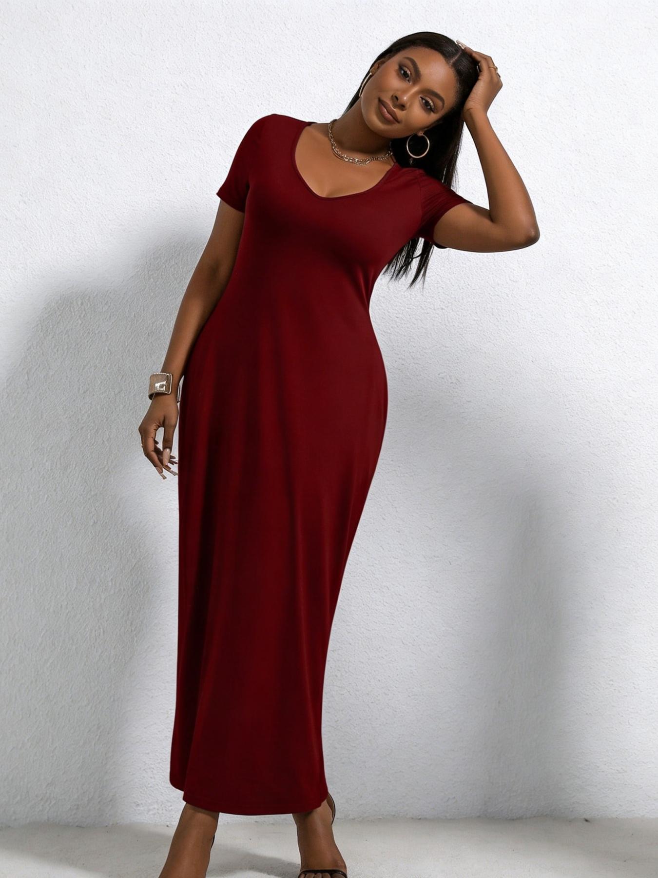 A set of women's casual Minimalist wine red dress, short sleeved V-neck  slim fit and