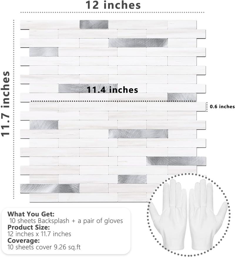 STICKGOO 10 Sheets Peel and Stick Backsplash Tile, Stick on Backsplash for Kitchen and Bathroom, Dolomite White Marble Look PVC Mixed Metal Silver Self Adhesive Wall Tiles