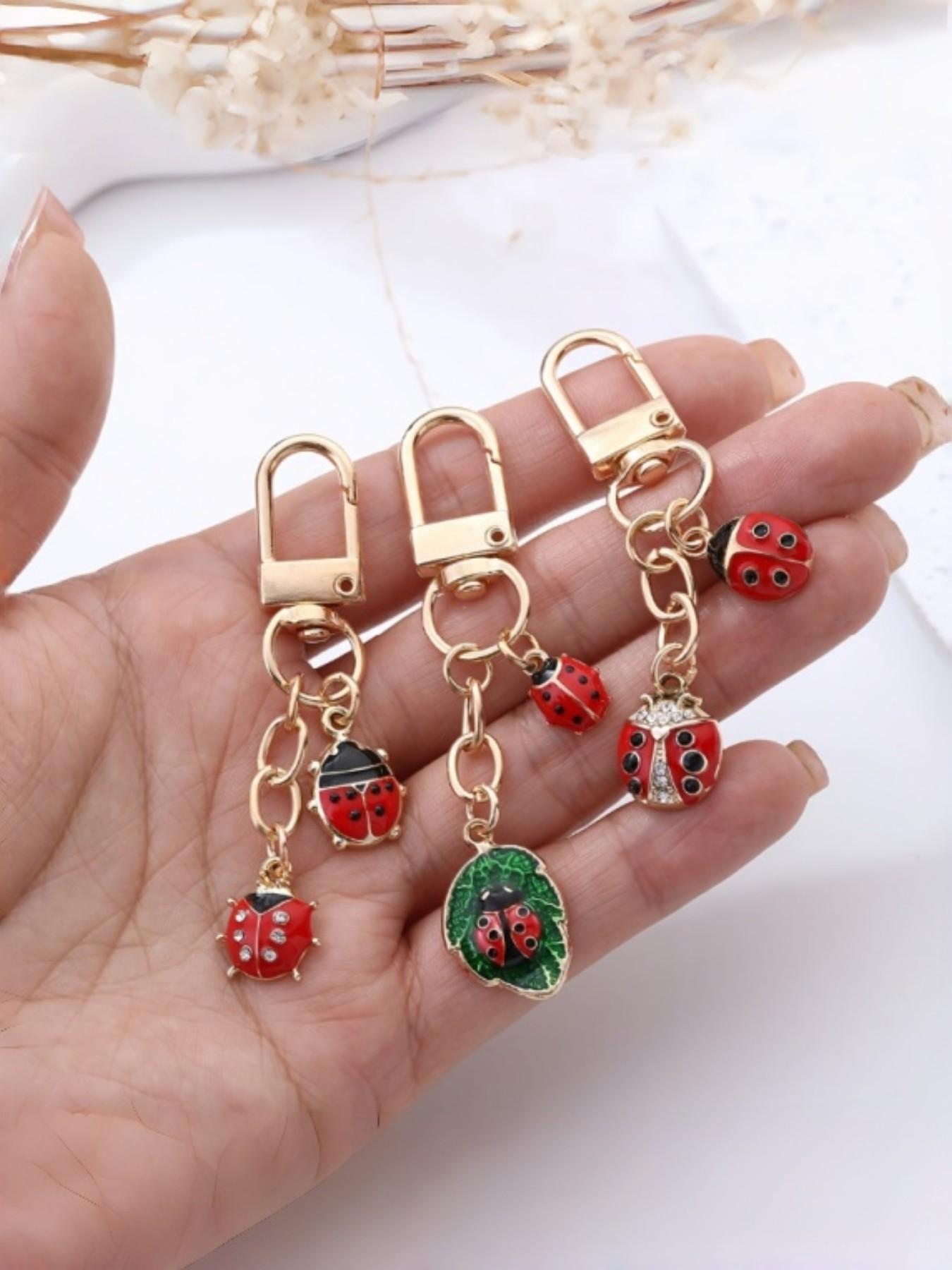 3pcs Ladybug Keychains, Enamel Bug Pendant with Crystal Gems & Leaf Design, Perfect Accessory for Bags & Wallets, Ideal Mother's Day Gift
