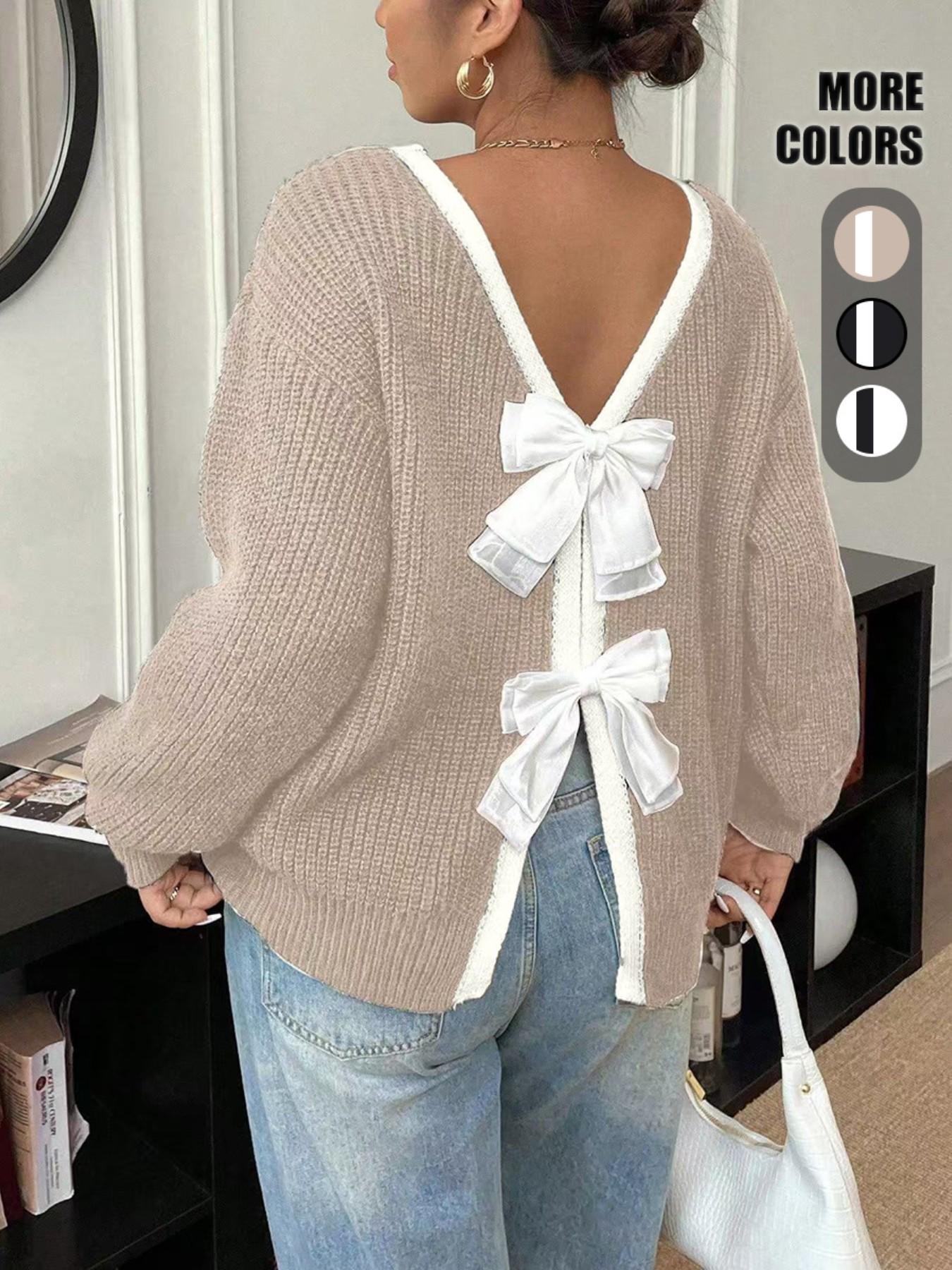 Women's Colorblock Bow Decor Contrast Binding Drop Shoulder Sweater, Elegant Long Sleeve Jumper for Fall & Winter, Fashion Ladies' Knitwear for Daily Wear Tops, Knit Sweater Clothing