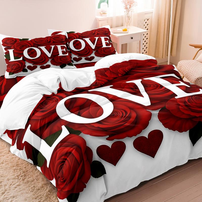 3 Counts/set Valentine's Day Love Letter Rose Pattern Duvet Cover Set including 1 Duvet Cover + 2 Pillowcases, Soft and Comfortable Decorative Bedding for Bedroom or Guest Room, Without Comforter