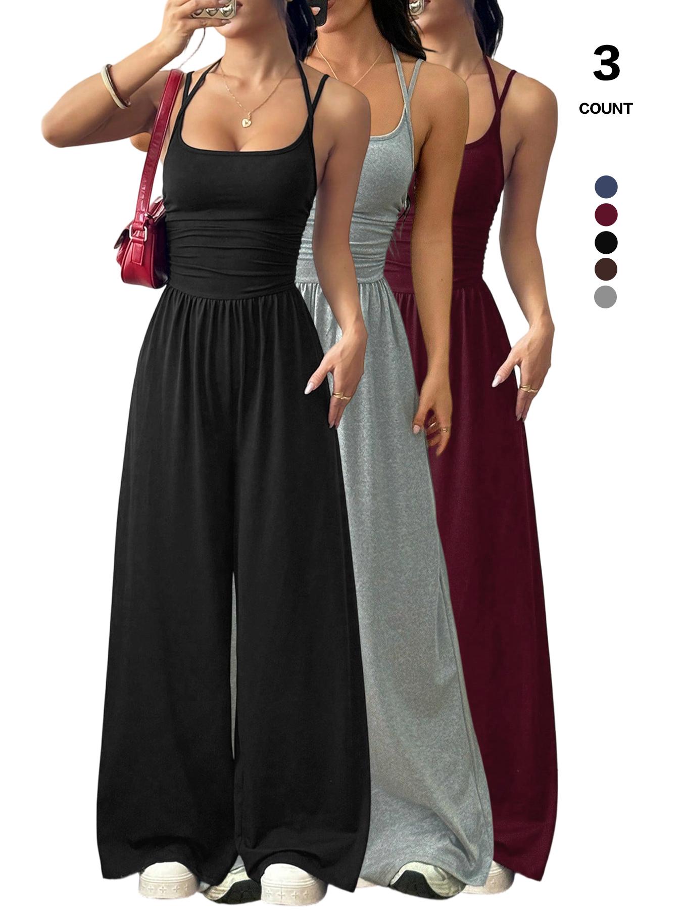 Women's Sleeveless Jumpsuit, Pleated Waist Wide-Leg Pants, One-Piece Sexy Backless Design, All Seasons Fitted Organic Textile