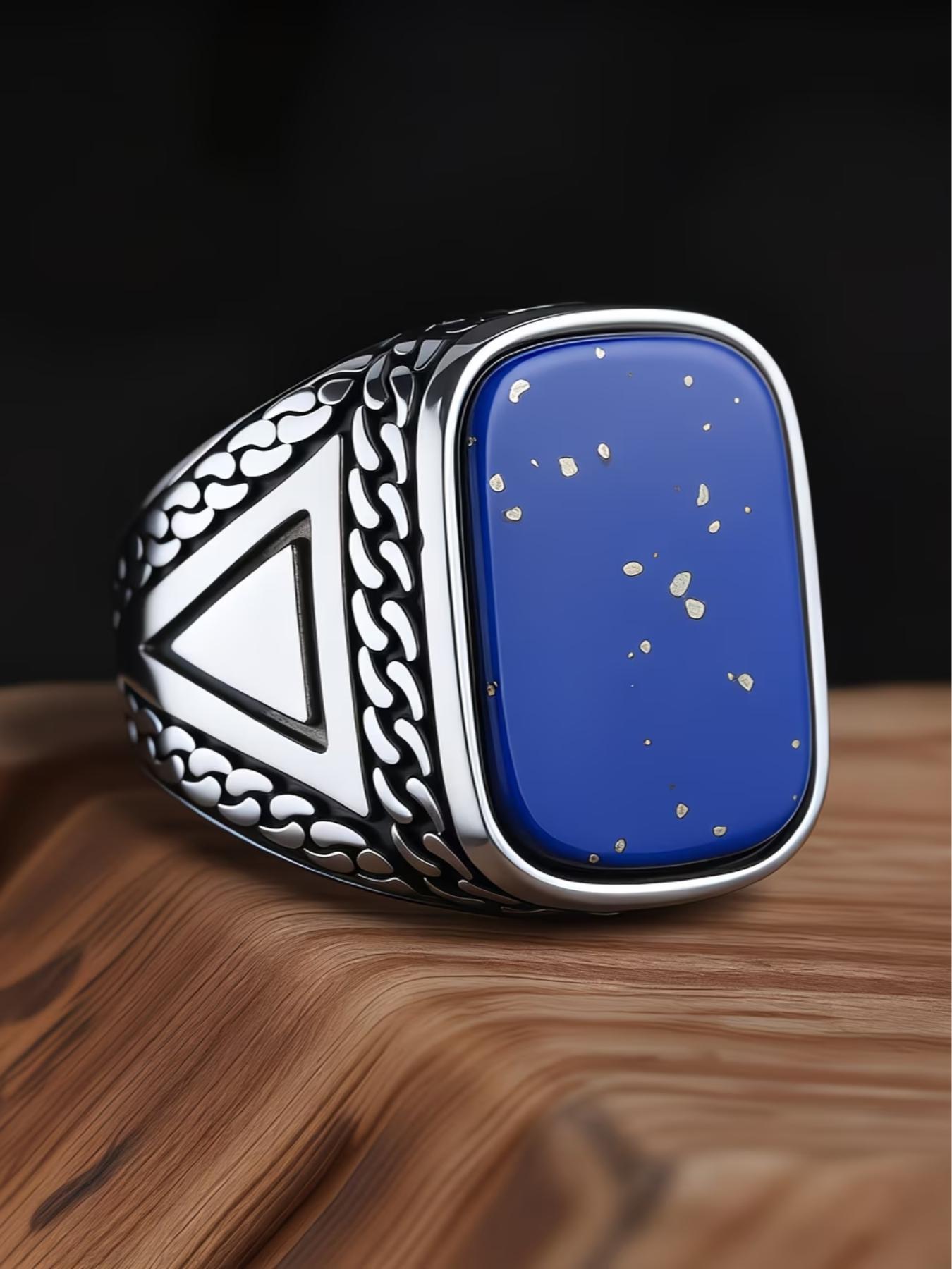 Tribal Style Men's Blue Ring, 316L Stainless Steel, Inlaid with Square Agate, Simple and Grand