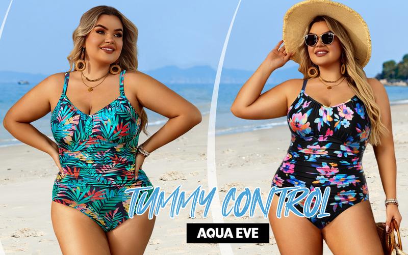 Aqua Eve Plus Size Swimsuit for Women Tummy Control One Piece Bathing Suit Vintage Swimwear
