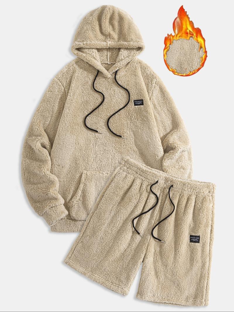 Men's Thermal Hoodie & Drawstring Waist Short Set, Hooded Sweatshirt Set, Casual Fashion Cozy Breathable Two-piece Outfits for Daily Outdoor Wear, Men Clothes for Spring & Fall