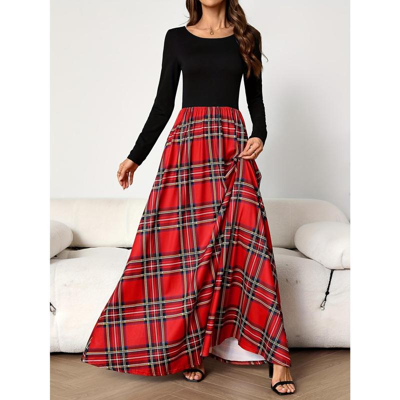 Women's Elegant Red and Black Plaid Maxi Dress - Fashionable Long Sleeve A-Line Dress - Round Neck Polyester Comfortable Fit for All Seasons - Long Sleeve Dress Casual Fabric summer outfits mom sundresses camel royal outfit Womenswear Knitted