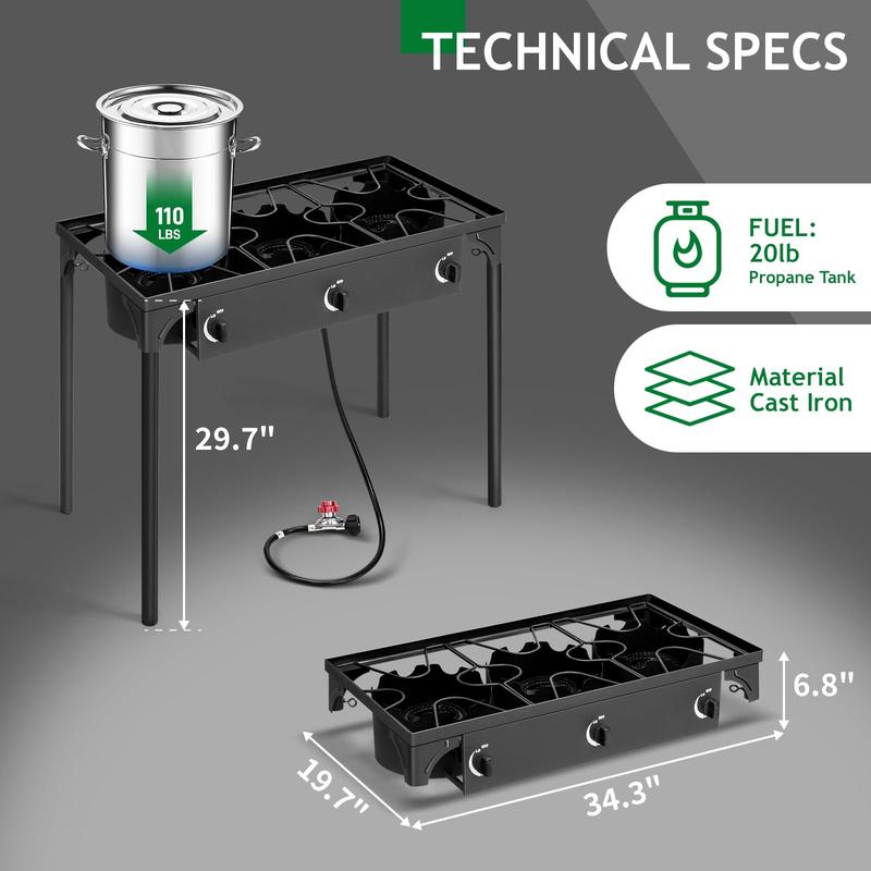 GEEKHOM 3-Burner Stove & Outdoor Grill Combo - 225K BTU Portable Camping Cooker with Removable Legs | Picnic Cooker Perfect for Home Brewing Maple Syrup Patio Turkey Frying Canning