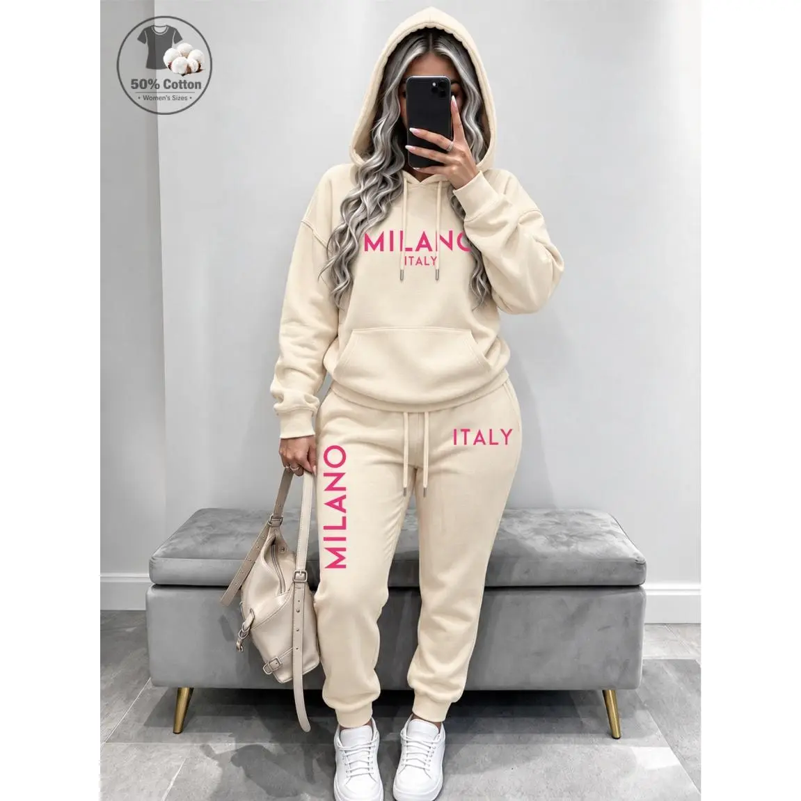 Women’s Pink Milano Graphic Hoodie And Sweatpants Set, Casual Pullover Hoodie With Matching Jogger Pants, Soft Two Piece Tracksuit Outfit For Women, Relaxed Fit Lounge Wear, Streetwear, Travel And Daily Fashion