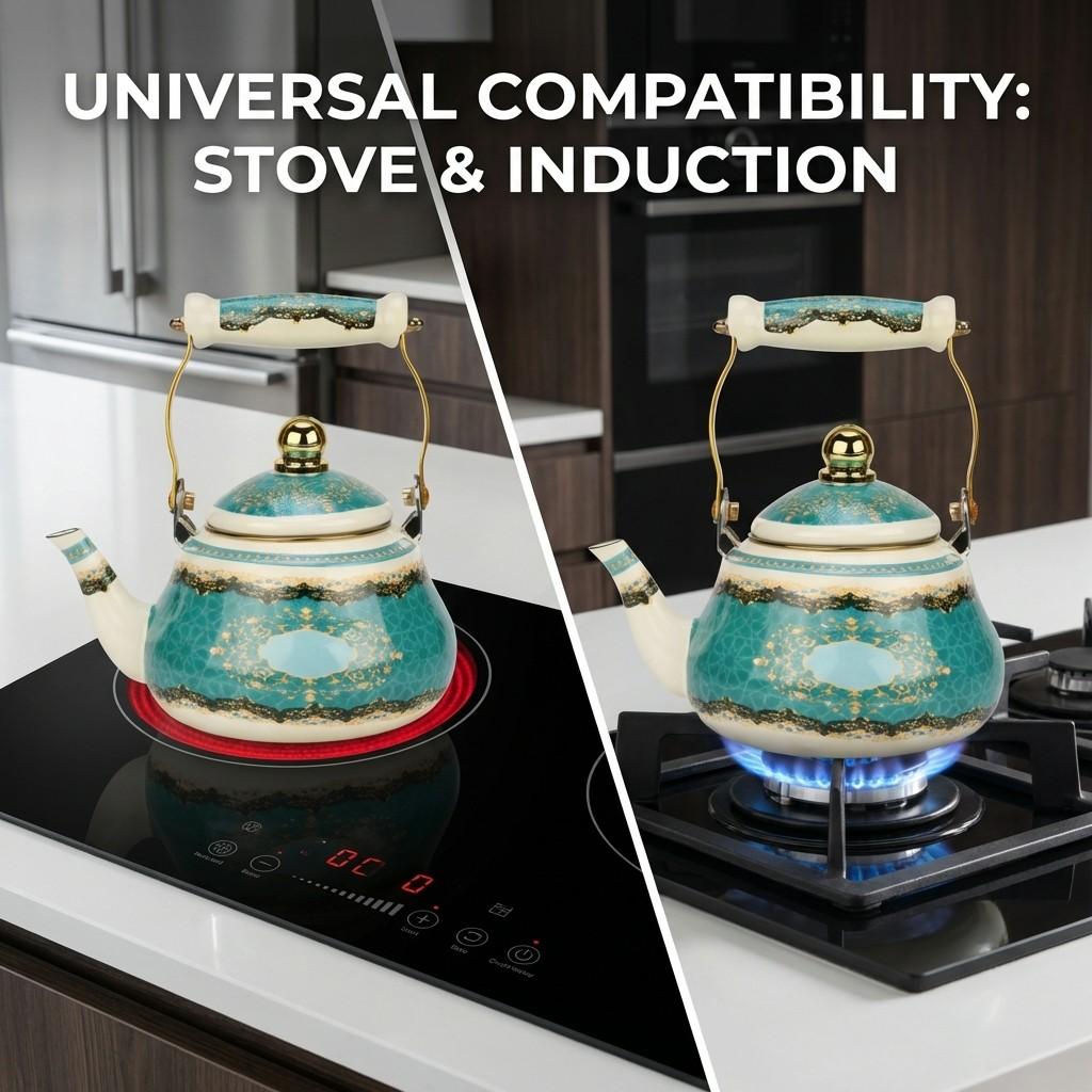 Enamel Tea Kettle with Ceramic Handle, Floral Design, 1.5L-2.5L Capacity, Suitable for Stove & Electric Cooker, Home & Outdoor Use