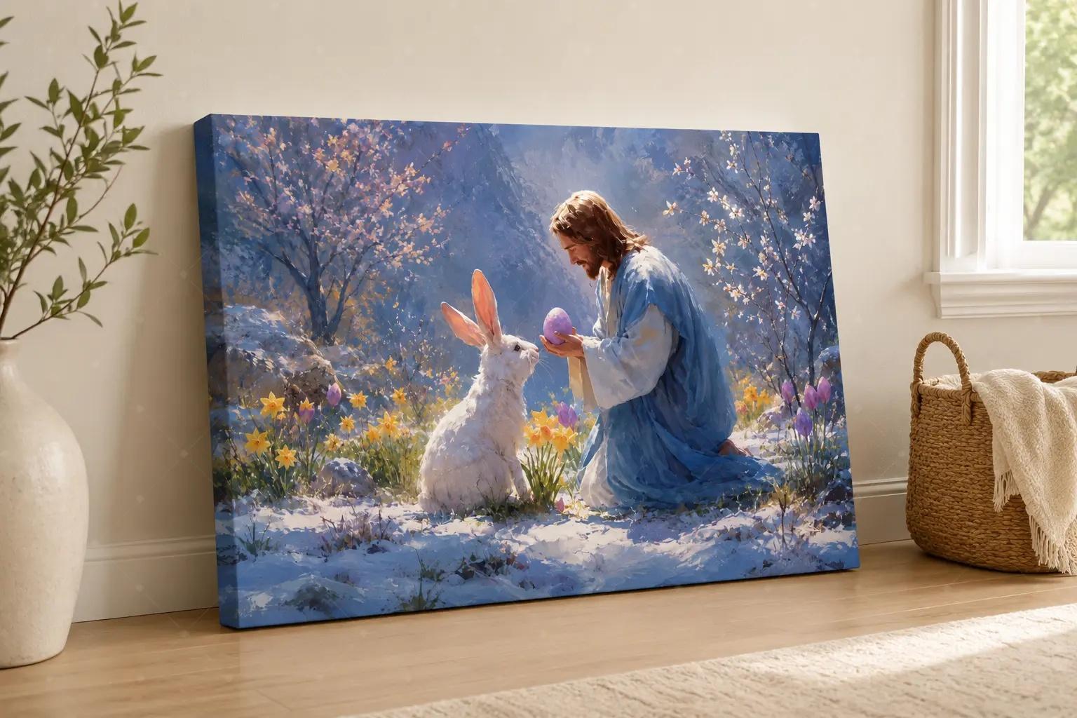 Easter Religious Gentle Scene Oil Painting Canvas Art poster wall decor, Faith Rabbit Easter Wall Decor Living Room Prayer Room Christian Warm Home Decor