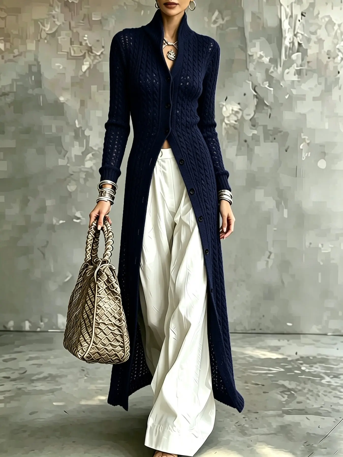 Women's Long Soft Knit Cardigan, Elegant Hemp Texture, Long Sleeve Stand Collar, Single Button Design, Loose Fit, Fall Winter Layering, Casual Office Wear