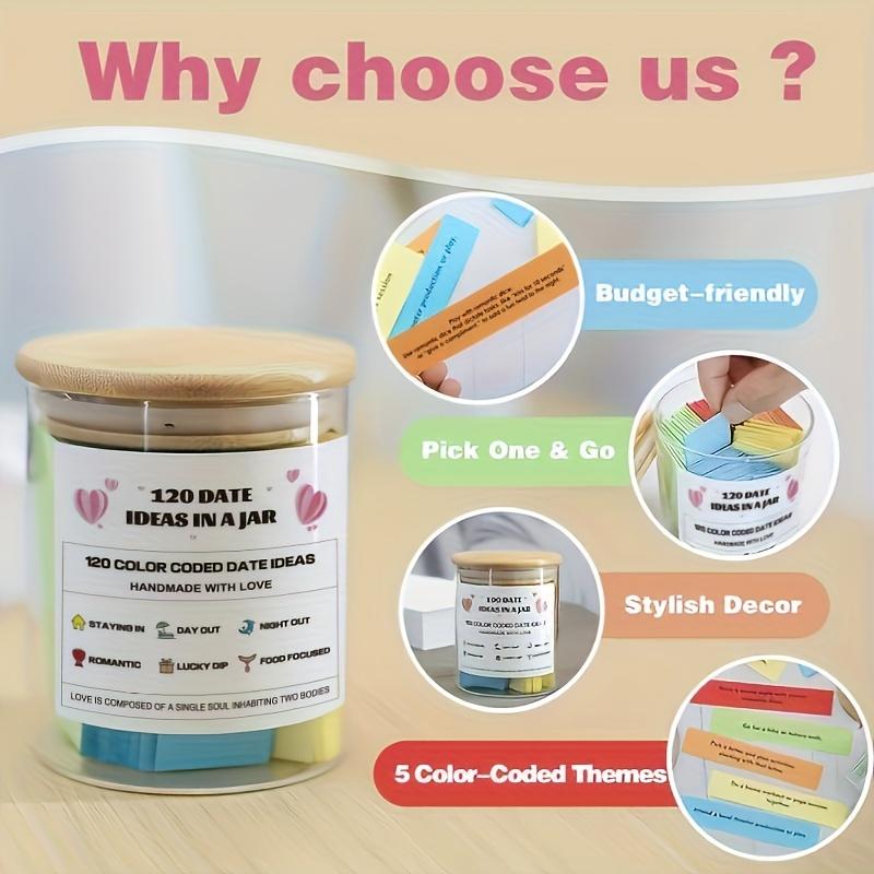 120 Date Ideas in a Jar, Color Coded Date Ideas, Budget-Friendly Date Jar, Perfect Gift for Weddings Anniversaries Bridal Showers Newlyweds, Unique Birthday Gifts, Themed Gift Box