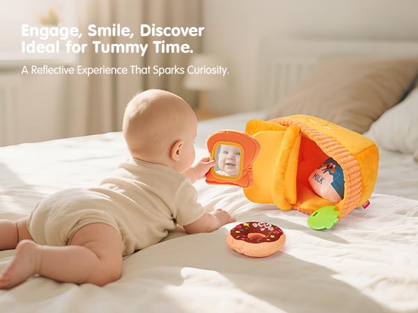 Hahaland Baby Toys 6-12 Months – Picnic Basket Sensory Toy with Crinkle, Rattles, Teether & Mirror, Montessori Play Food Plush for Early Development, Baby Shower Gift for 1+ Years Boys & Girls