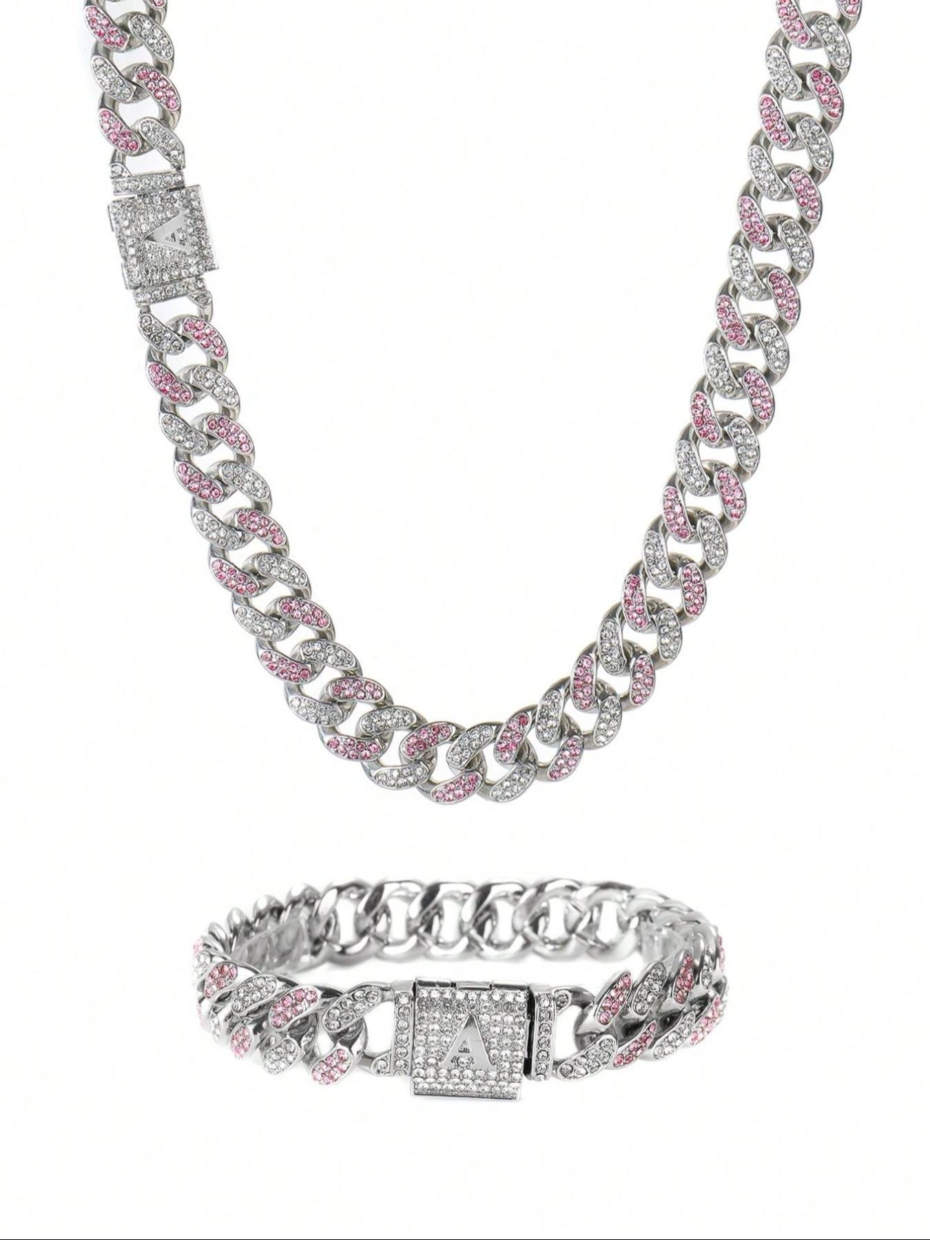 Unisex Street Style Letter Design Cuban Link Chain Bracelet & Necklace, Rhinestone Decorated Fashionable Jewelry Set, Fashion Accessories for Party, Daily Decor for Boy