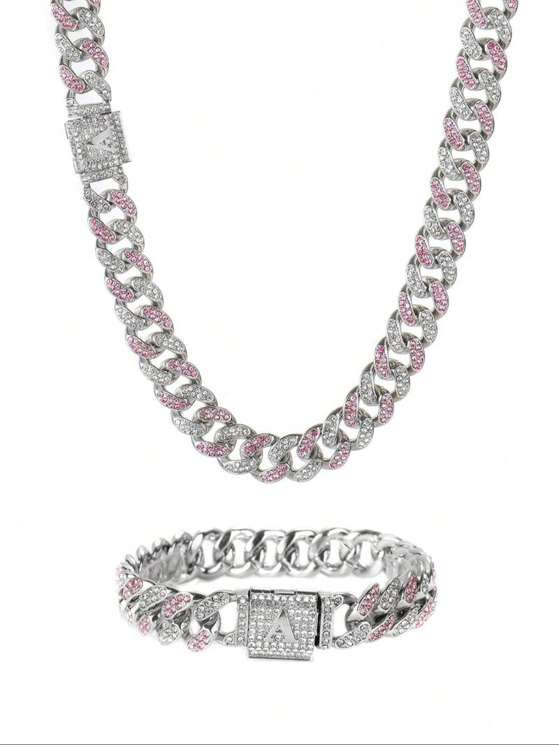 Unisex Street Style Letter Design Cuban Link Chain Bracelet & Necklace, Rhinestone Decorated Fashionable Jewelry Set, Fashion Accessories for Party, Daily Decor for Boy