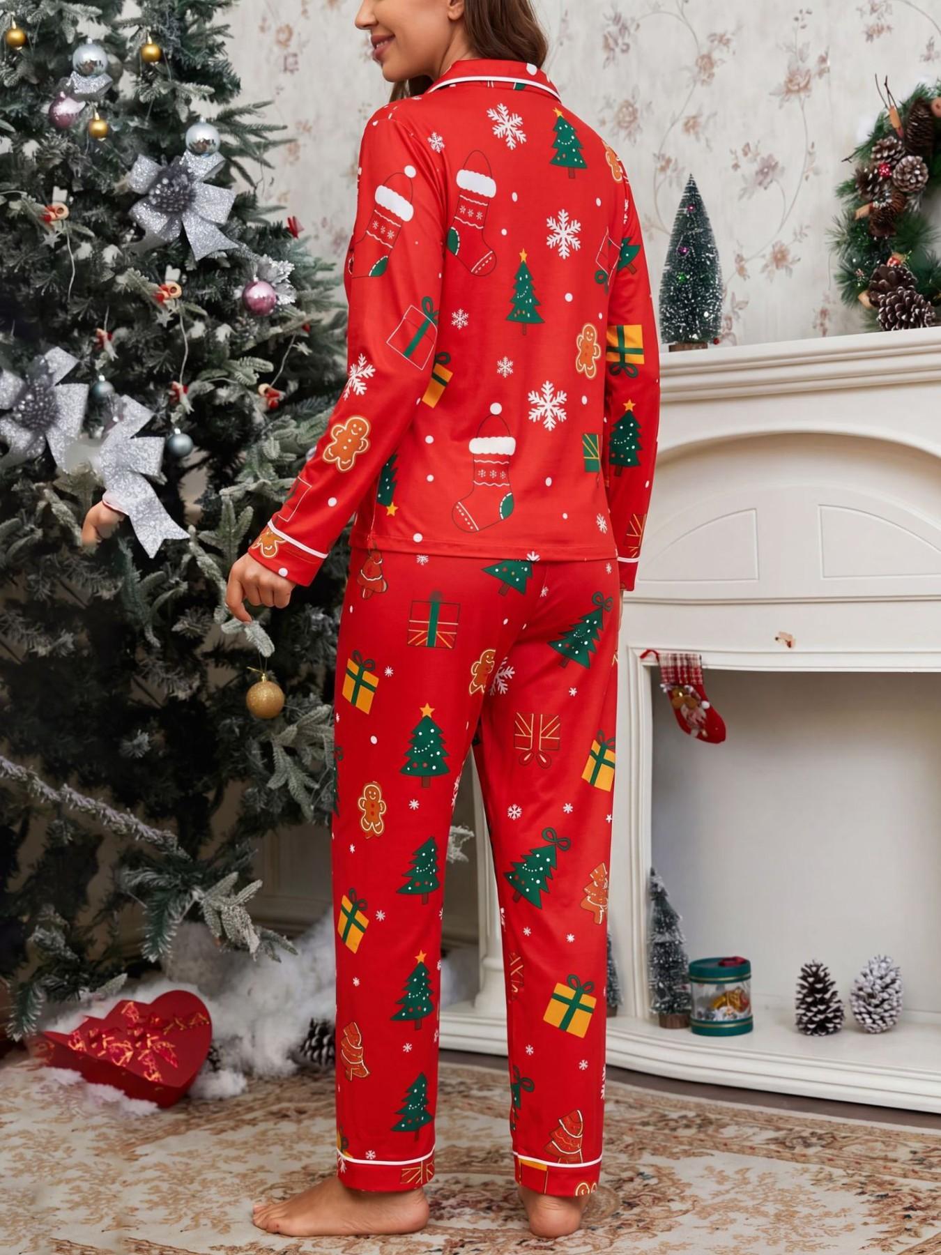 Women's Christmas Theme Knitted Pajama Set, Stylish Long Sleeve Loose Fit Sleepwear, Casual Fall & Winter Home, Fashionable Ladies' Nightwear, Loungewear