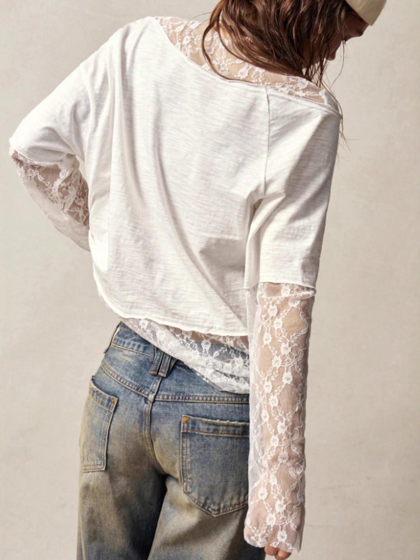 Women's Spring Summer 2026 Long Sleeve Off-Shoulder T-Shirt Womenswear, Asymmetrical Shoulder Design, Lace Trim, Casual Fashion Top