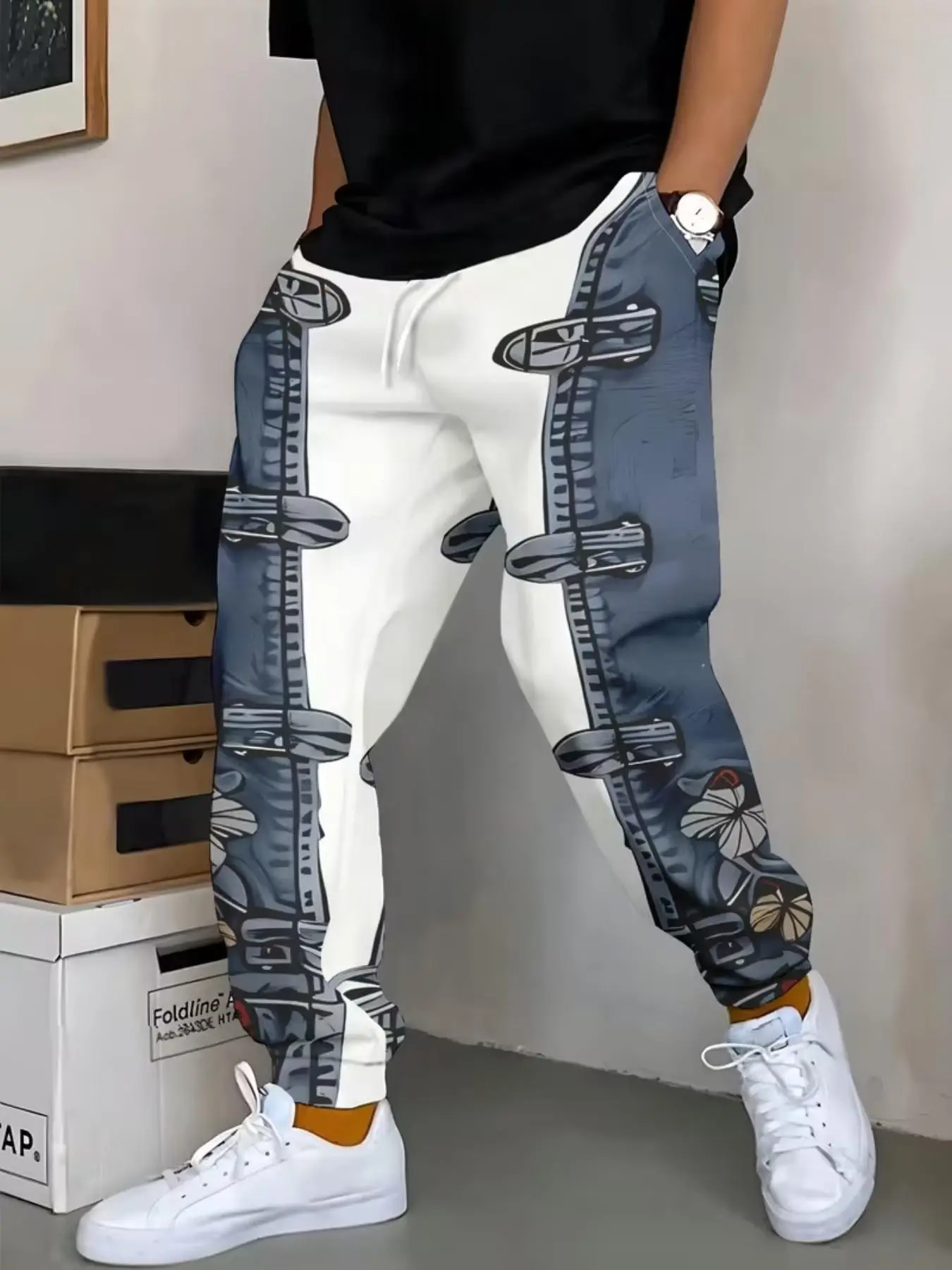 Men's Casual Jogger Pants, Fake Denim Patchwork Print Drawstring Elastic Waist, Street Style Long Pants, Daily Wear, Skateboarding