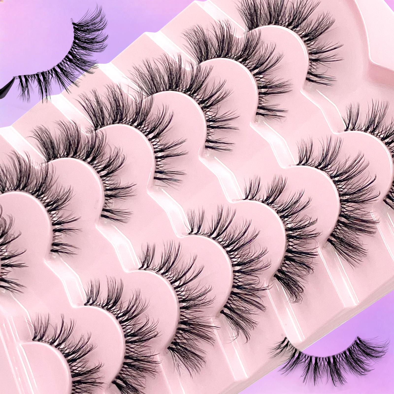 7 Pairs Lashes With Clear Band Fluffy False Lashes Pack Natural Look False Eyelashes Wispy Eyelashes Curly Makeup Eyelashes For Daily Wear