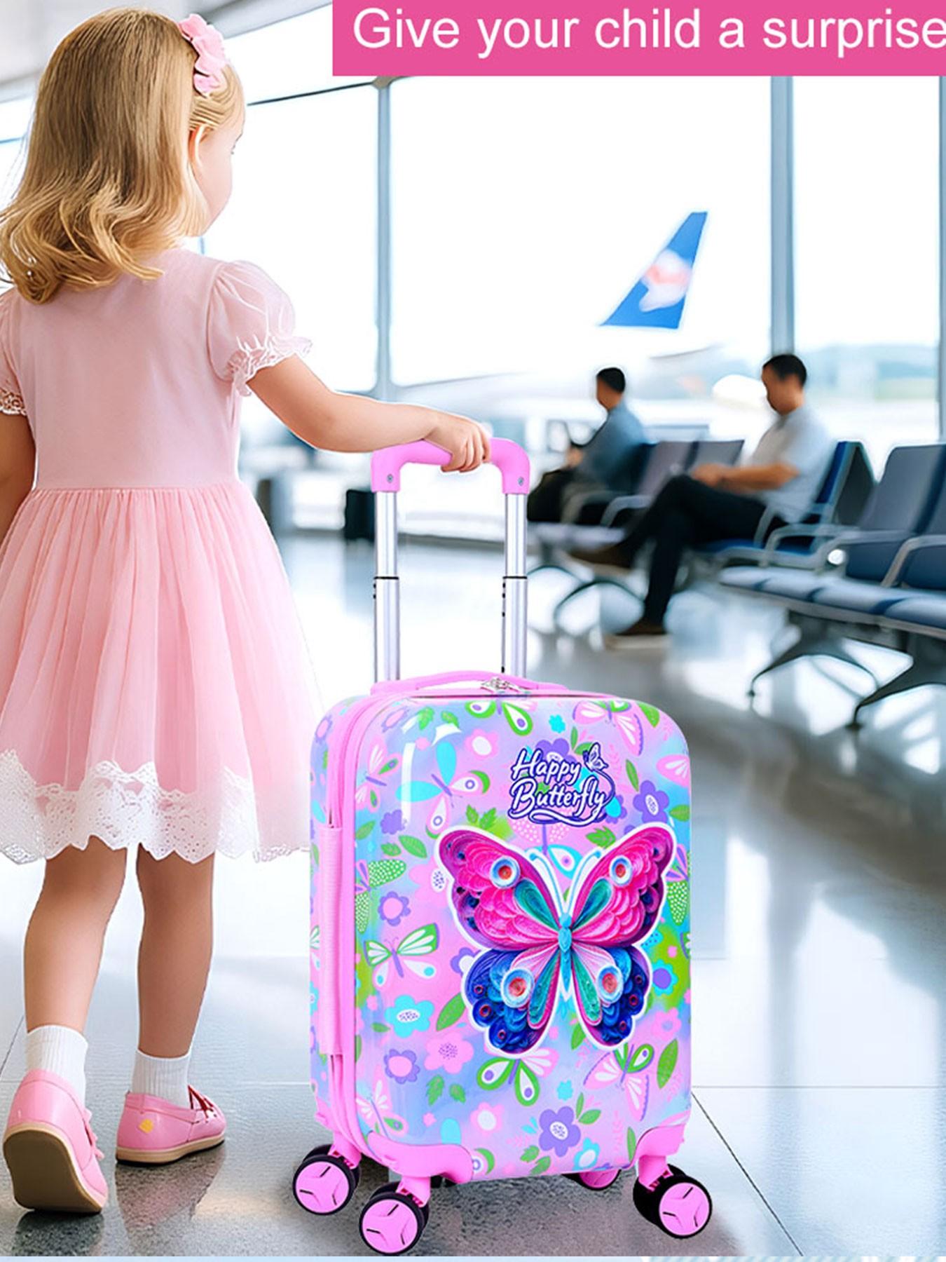 1 Set Kids Luggage Set, Cute Butterfly Print Hard Shell Suitcase with U-Shaped Neck Pillow, Lightweight Rolling Carry On Luggage for Girls, Travel Suitcase for School Trip, Vacation, Airplane