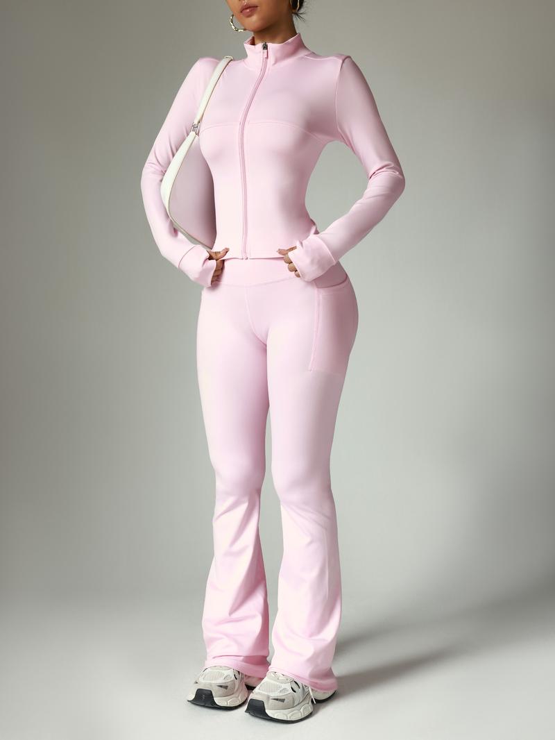 Women's Solid Color Zipper Jacket & Pocket Flare Pants Set, Sweatsuit With Pockets, Perfect for Yoga Gym Outdoor Sports, Comfortable Breathable Autumn Winter