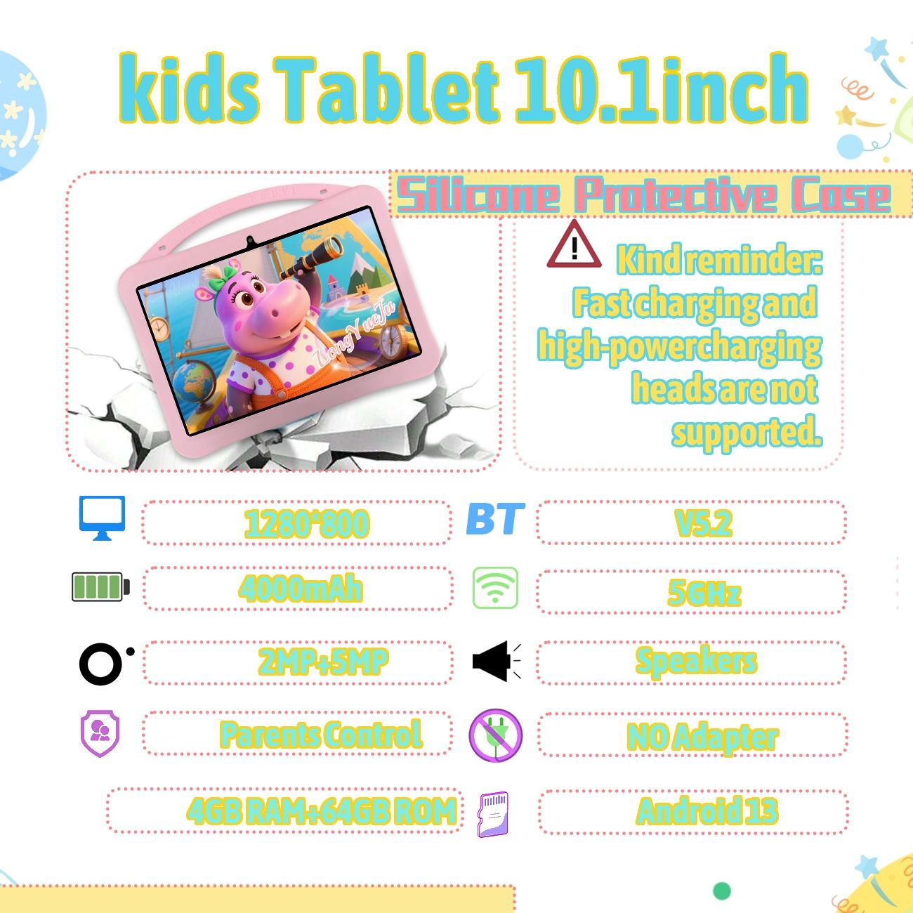 10.1-inch Android tablet, best-selling style, equipped with multiple smart applications, IWAWA educational software includes knowledge from multiple fields, with parental control function, no adapter, blue/pink, suitable as a holiday gift