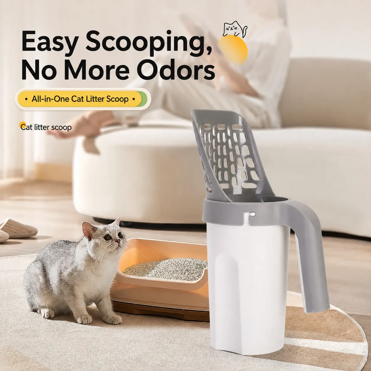 All-in-One Cat Litter Scoop and Waste Bin—includes a detachable scoop (with sifter) and a waste collection container; a deep-scoop pet cleaning set designed for indoor home use.