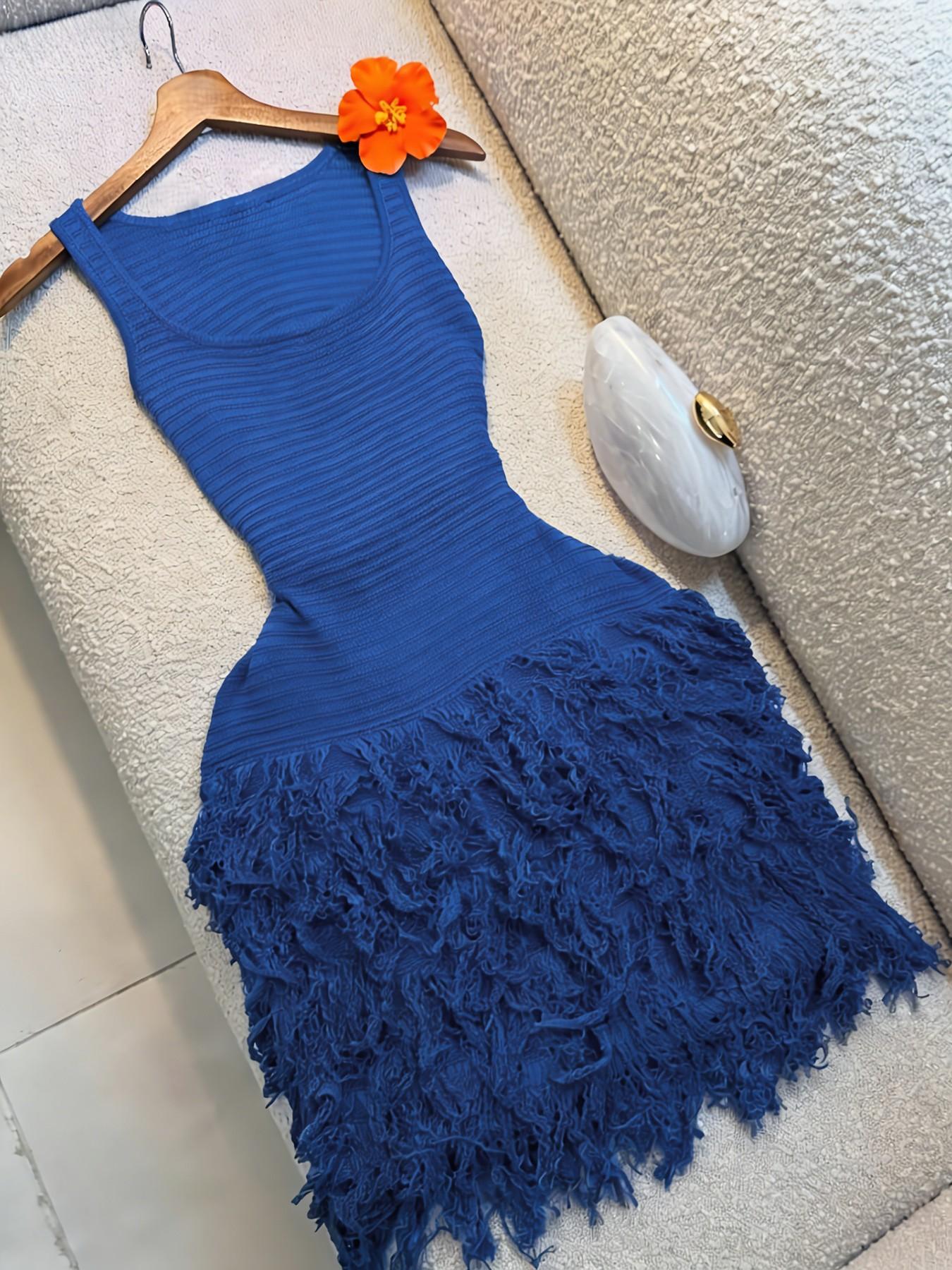 Elegant Knitted Bodycon Dress, Summer Vacation Fringe Skirt, Slim Fit Sleeveless Knit Vest Dress, Solid Round Neck Sweater Dress, Spring & Summer Women's Clothing