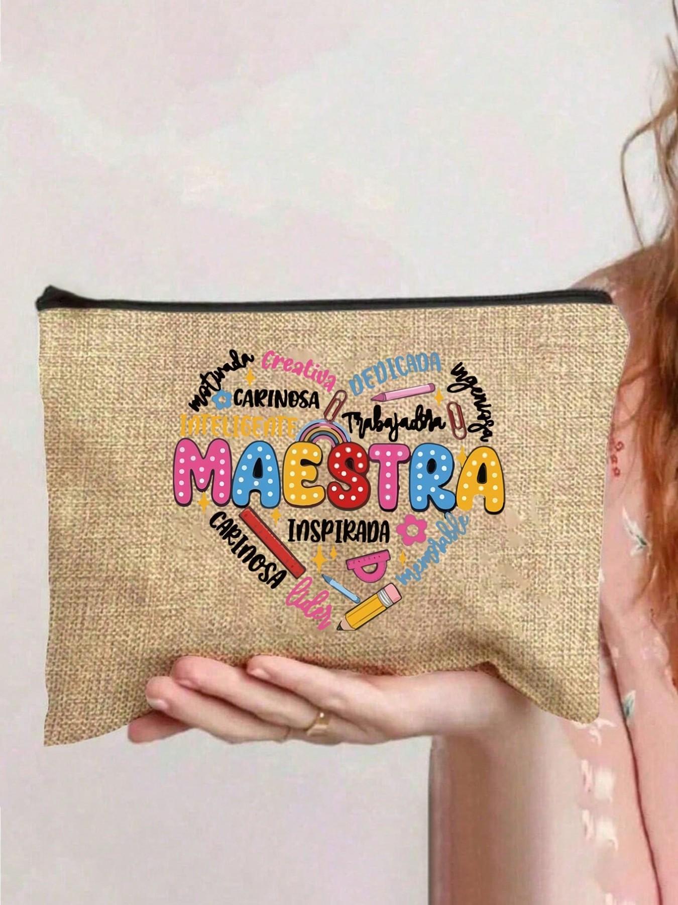 Maestra Theme Tote Bag and Makeup Pouch Set, Large Capacity Linen Shopping Bag, Heart Pattern, Cosmetic Organizer, Casual All-Season Style