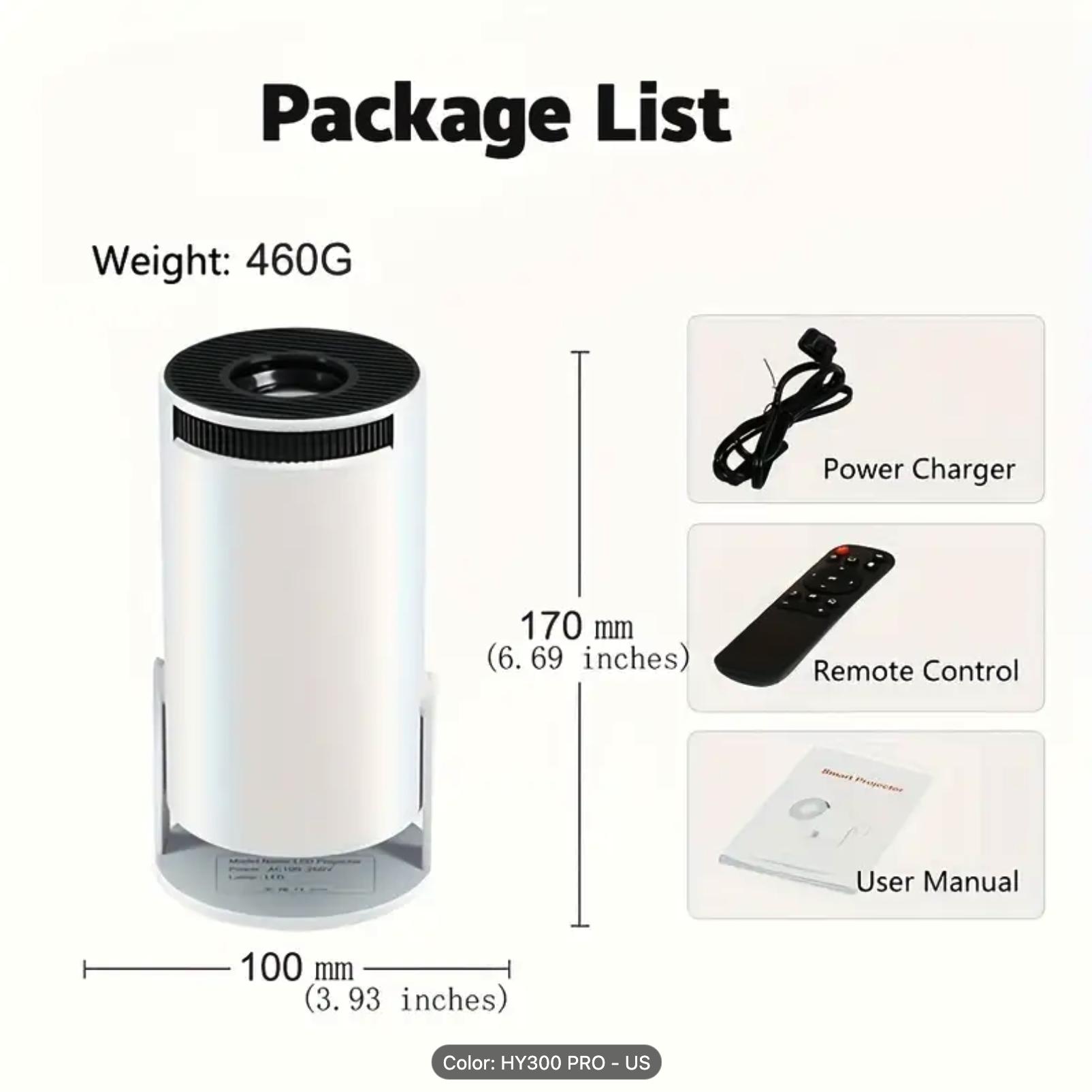 HY300 Mini Projector with WiFi6 & BT5.4, 1100ANSI Brightness, Full HD 4K, 0.9:1 Short Throw, Android 11, 270° Rotation, Smart Features, Portable White Projector