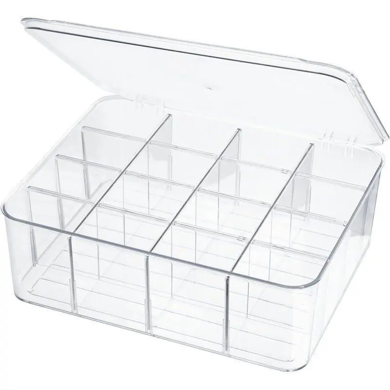 Rectangular Compartmentalized Sock and Underwear Organizer with Lid, 16-Compartment Plastic Storage Container, Removable Dividers for Customization, Stackable, Dustproof, Modern Home Decor