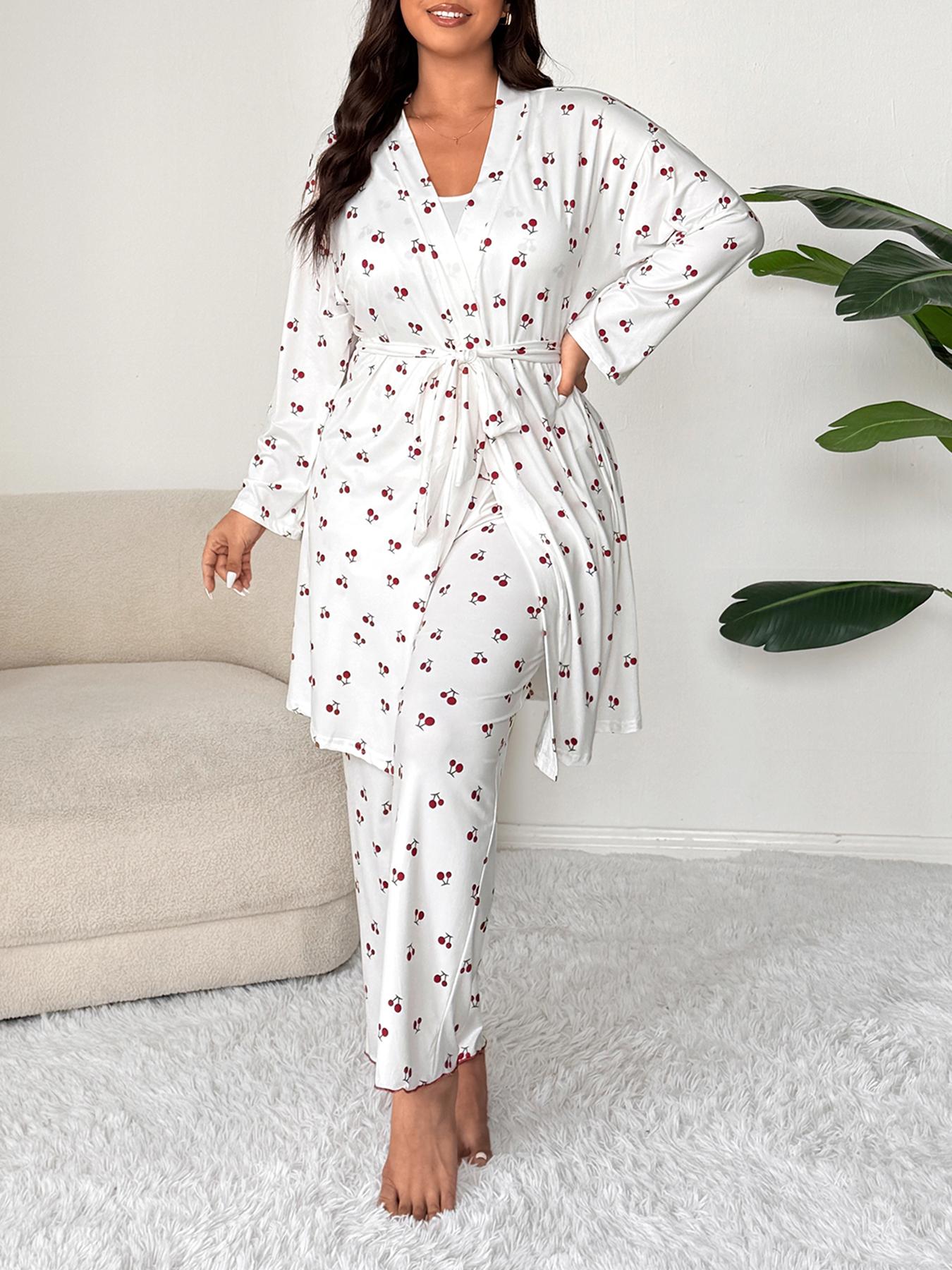Plus Size Cherry Print Women's Sweet Comfortable Belted Robe & Sleeveless Long Pants & Cami Set, Three-Piece Pajama Sleepwear, Casual Home Wear