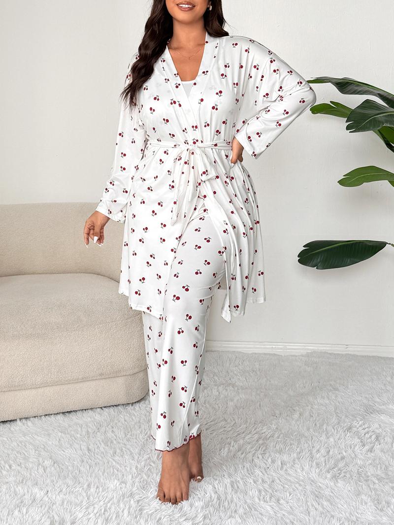 Plus Size Cherry Print Women's Sweet Comfortable Belted Robe Set, Sleeveless Long Pants Three-Piece Sleepwear, Casual Home Wear