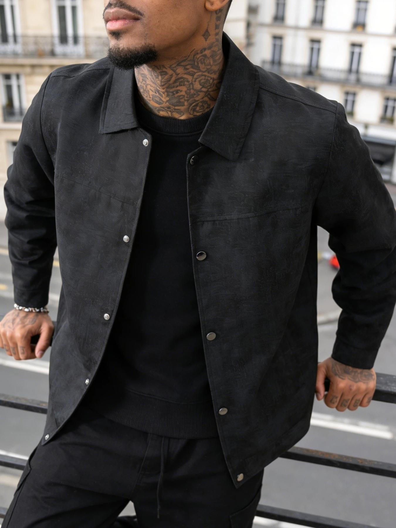Men's Casual Versatile Fitted Long Sleeve Jacket Coat, Casual Fitted Jackets, 100% Polyester Fiber, Button Front with Snap Closure, Collar Design, Spring & Fall, Casual Outerwear