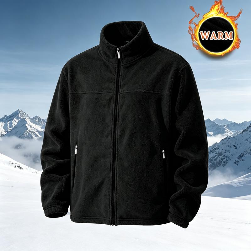 Autumn and Winter Men's Standing Collar Fleece Jacket, Furry Soft Warm Winter Clothing, Safety Zipper Pocket Windproof Jacket, Suitable for Hiking and Daily Commuting