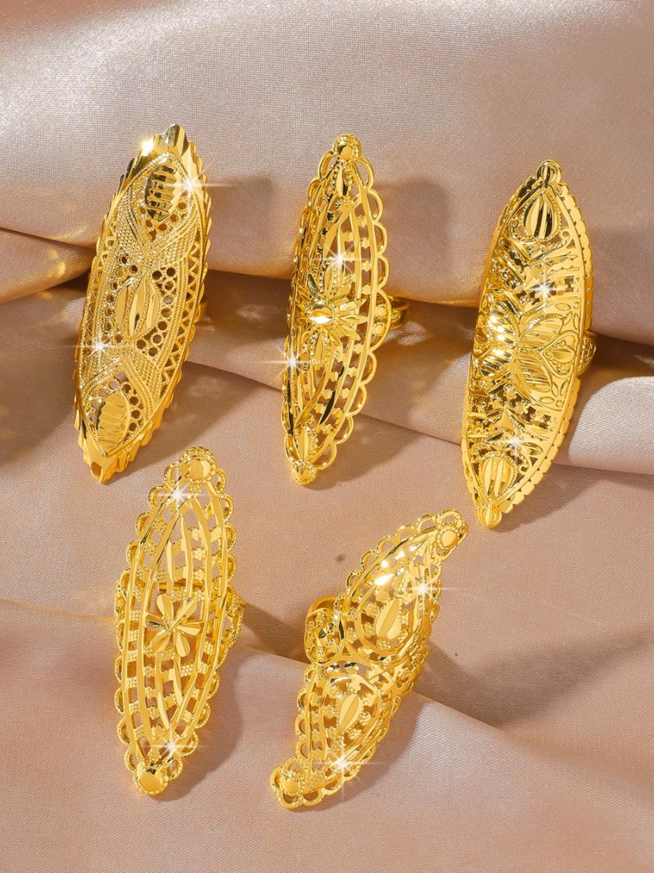 5-piece set of geometric pattern hollow ring, flower clover ring, Dubai Arab Middle Eastern style jewelry, copper plated adjustable 24k women's long ring, suitable for giving to girlfriends, delicate gifts for friends, daily gifts, Elegant Everyday Ring